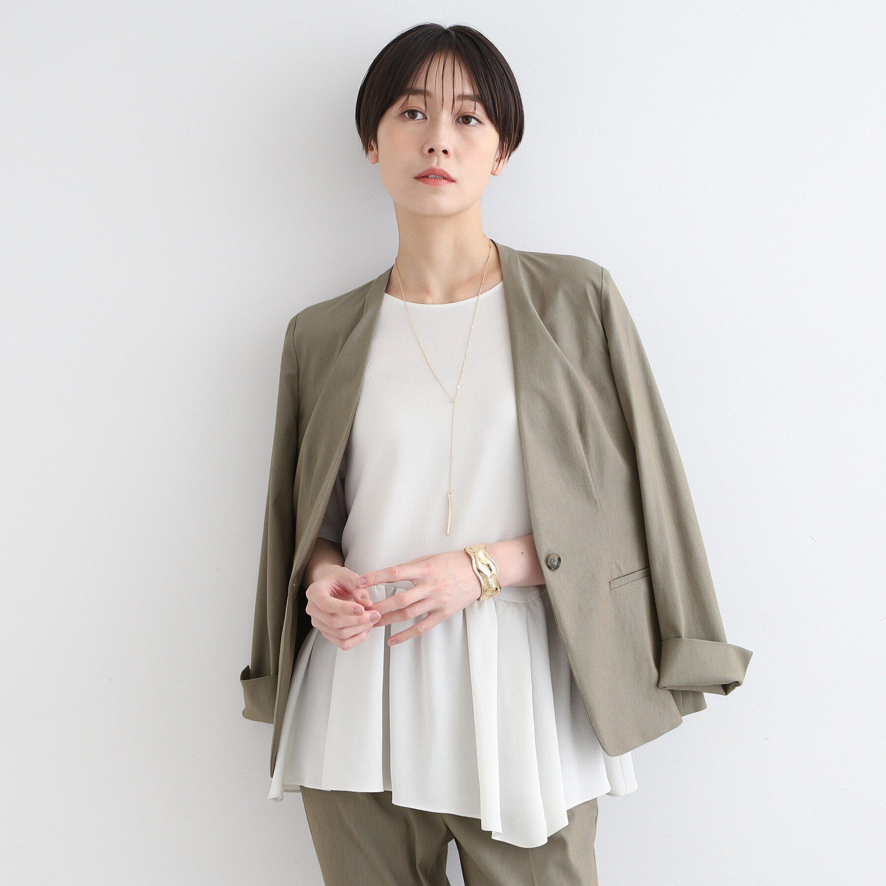 INDIVI「【洗える／UVケア／接触冷感／SETUP可能】麻混ノーカラージャケット」|スーツ|ベージュ(452)