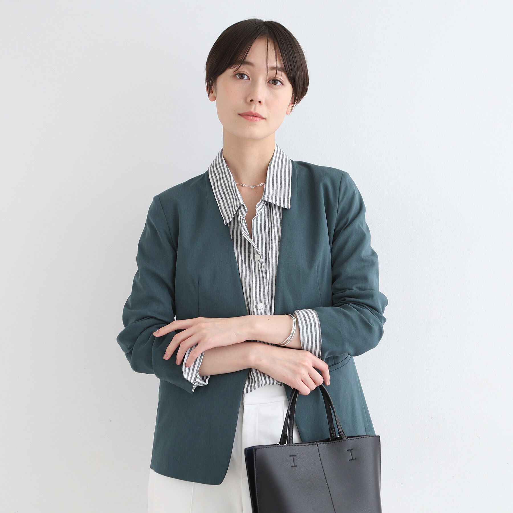 INDIVI「【洗える／UVケア／接触冷感／SETUP可能】麻混ノーカラージャケット」|スーツ|ブルー(491)