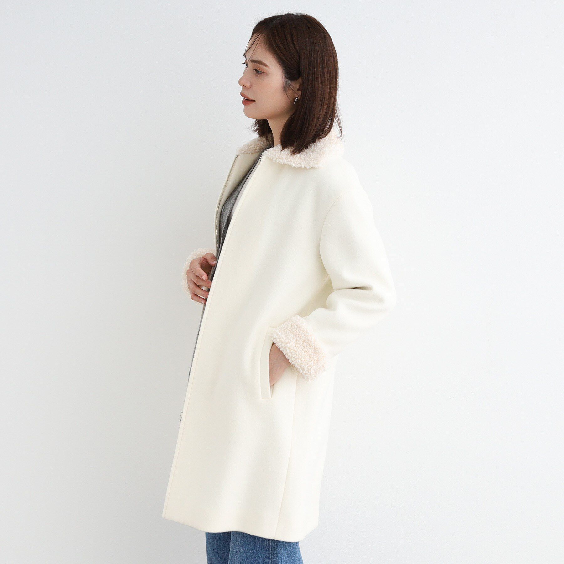 INDIVI「【トレンド◎】カーリーフェイクファーロングウール混コート」|ステンカラーコート|