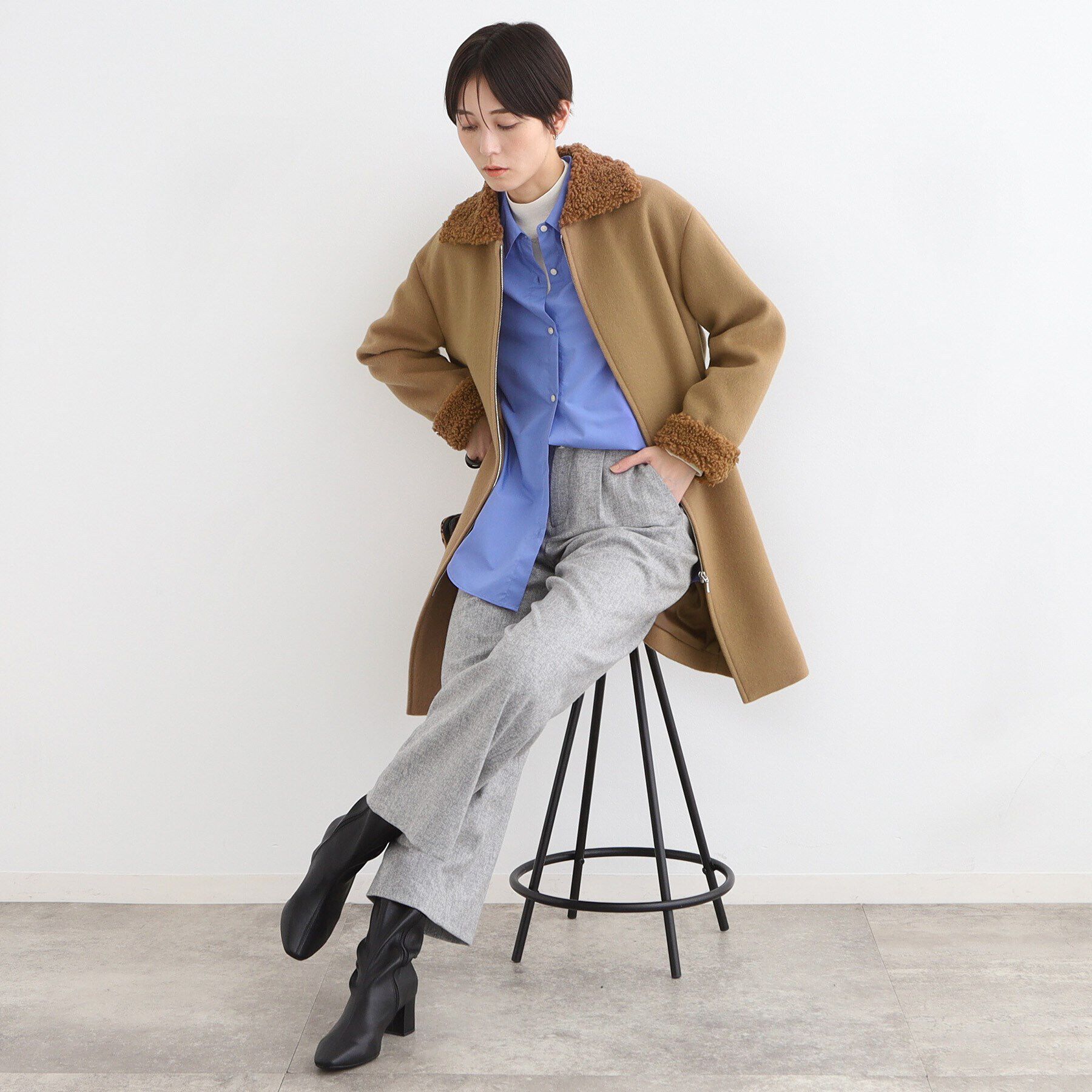 INDIVI「【トレンド◎】カーリーフェイクファーロングウール混コート」|ステンカラーコート|