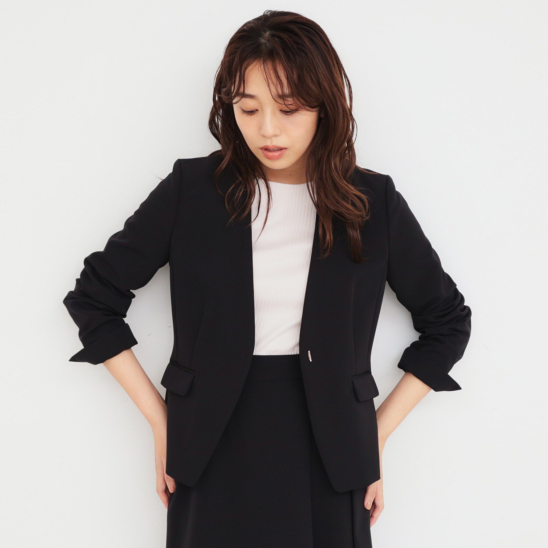 index「ダブルクロスノーカラージャケット/セットアップ対応【洗濯機洗い可/ストレッチ/防シワ/イージーアイロ」|ノーカラージャケット|