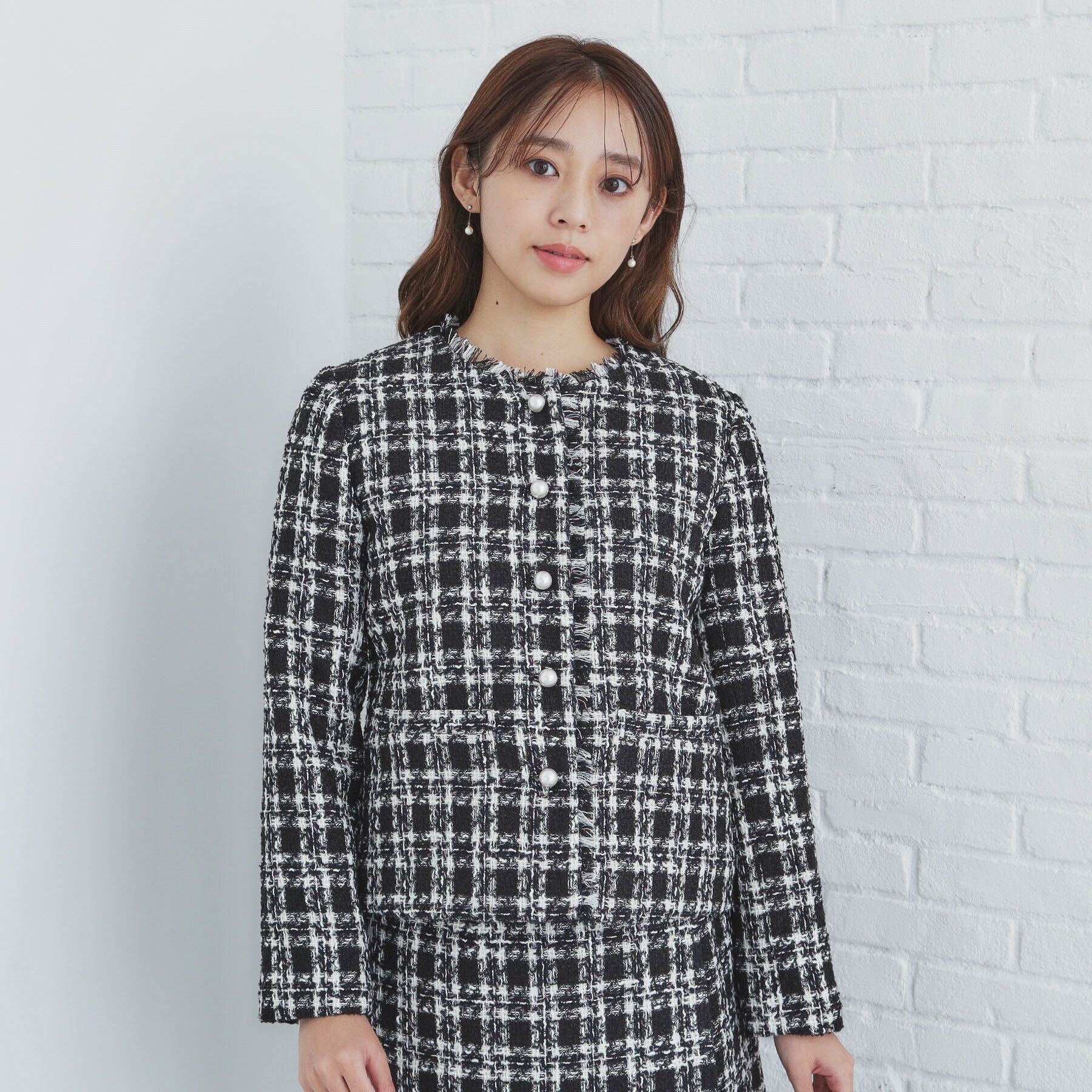 index「チェックツイードノーカラーコート/セットアップ対応【洗える】」|ノーカラーコート|