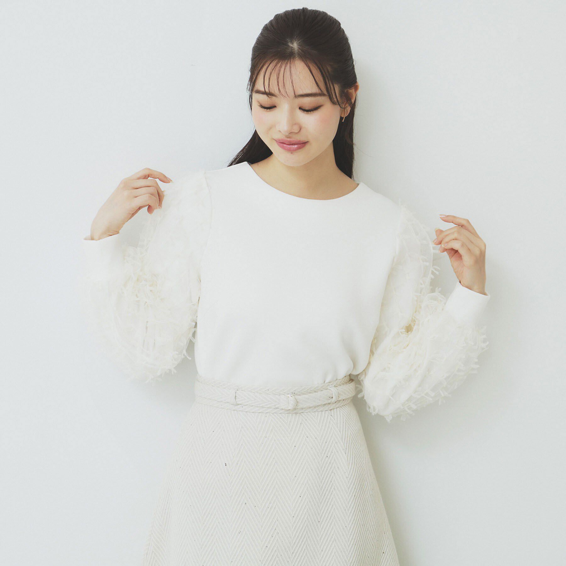 index「《美人百花掲載》リボンチュールトップス【洗濯機洗い可】」|Tシャツ・カットソー|アイボリー(004)