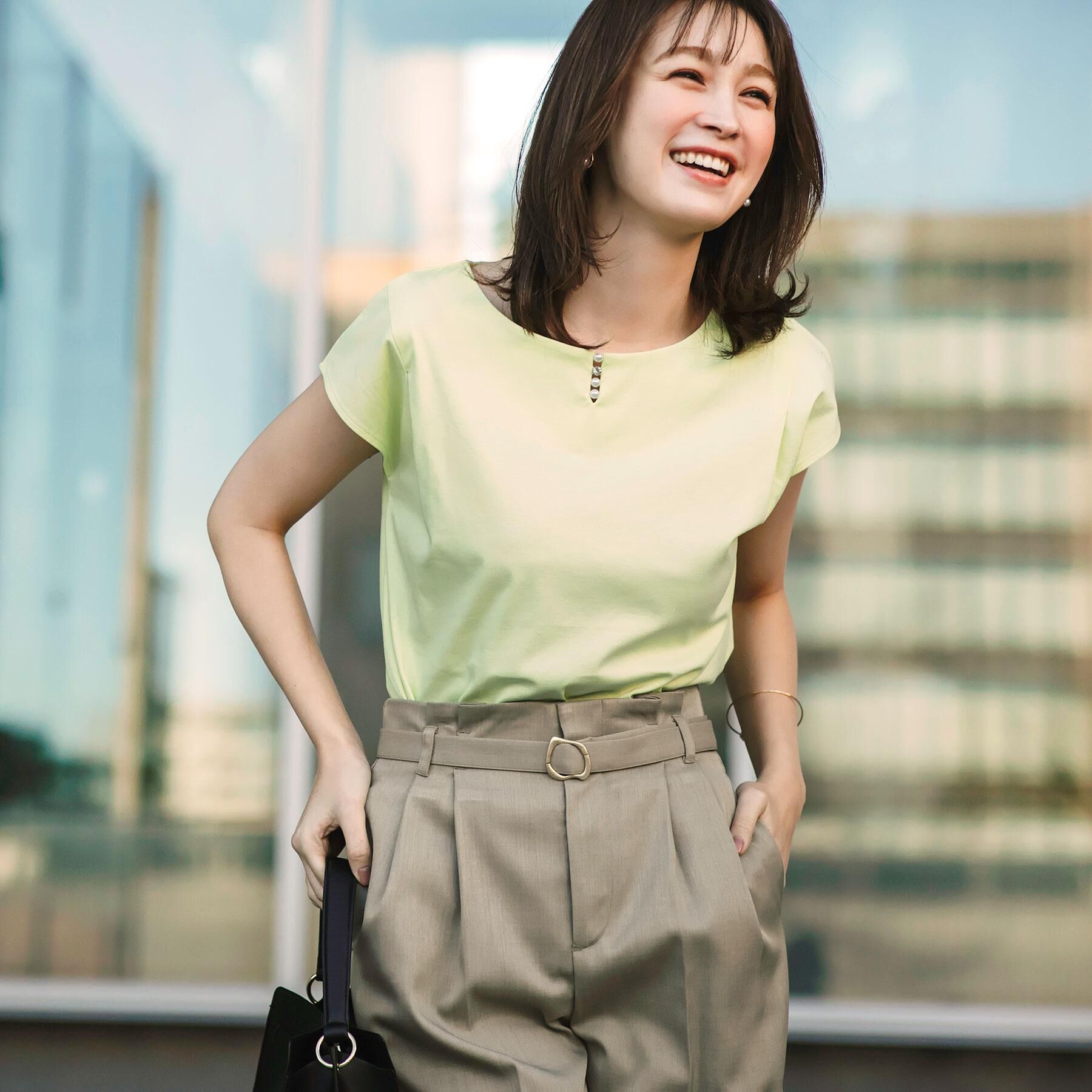 index「《6色展開/XS-3サイズ》キーネックビジュートップス【UV/接触冷感/洗濯機洗い可】」|Tシャツ・カットソー|ライトイエロー(03