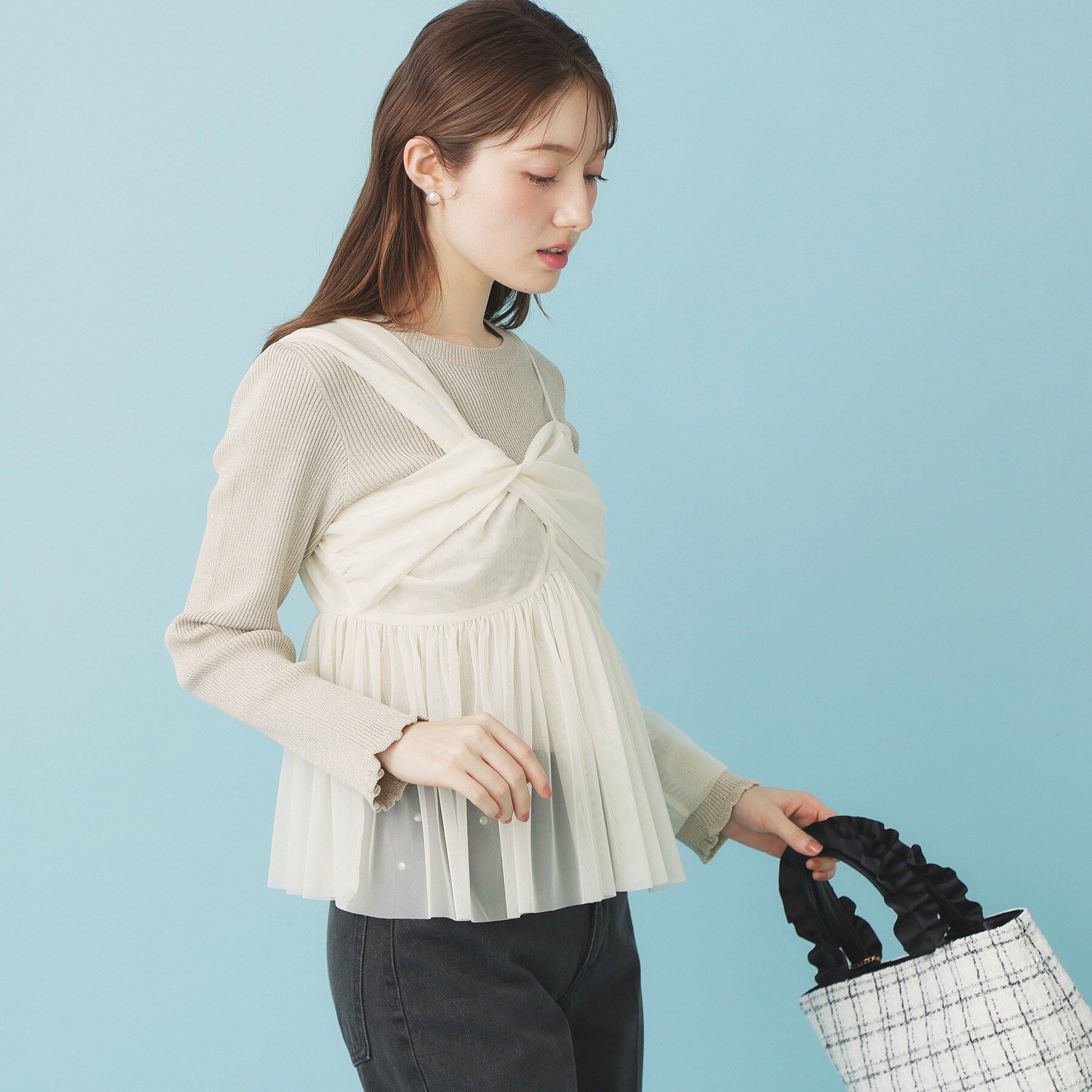 index「《ツインセット》チュールキャミ&times;ラメリブニット【洗濯機OK】」|ニット・セーター|