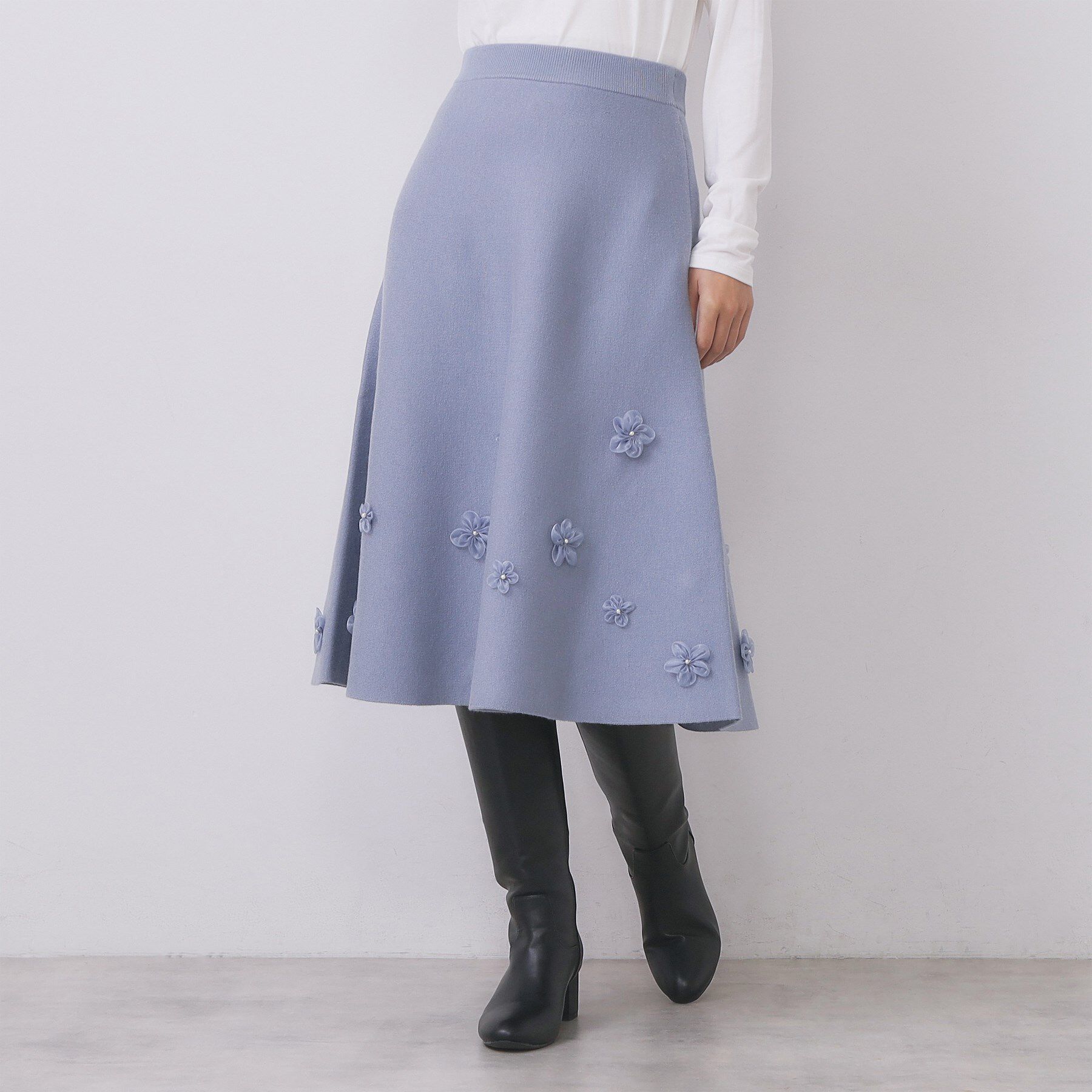 index「フラワーモチーフニットフレアスカート【洗える】」|スカート|ブルー(091)