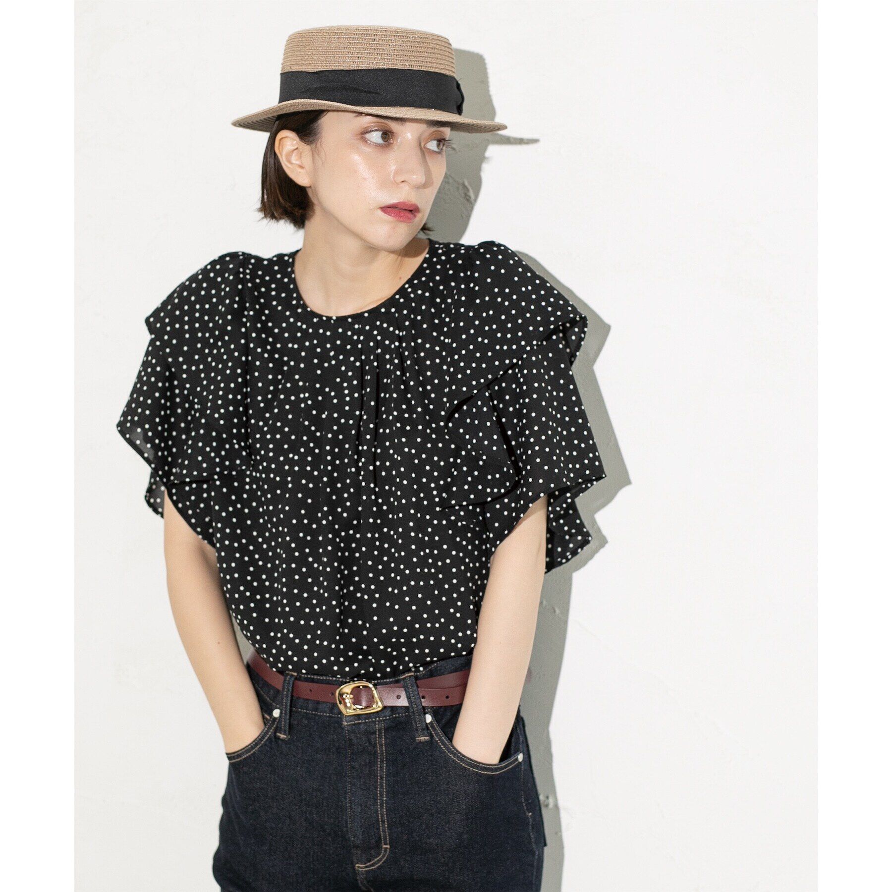 OPAQUE.CLIP「《美人百花掲載》ドットプリントフレアスリーブ【洗濯機洗い可】」|シャツ・ブラウス|