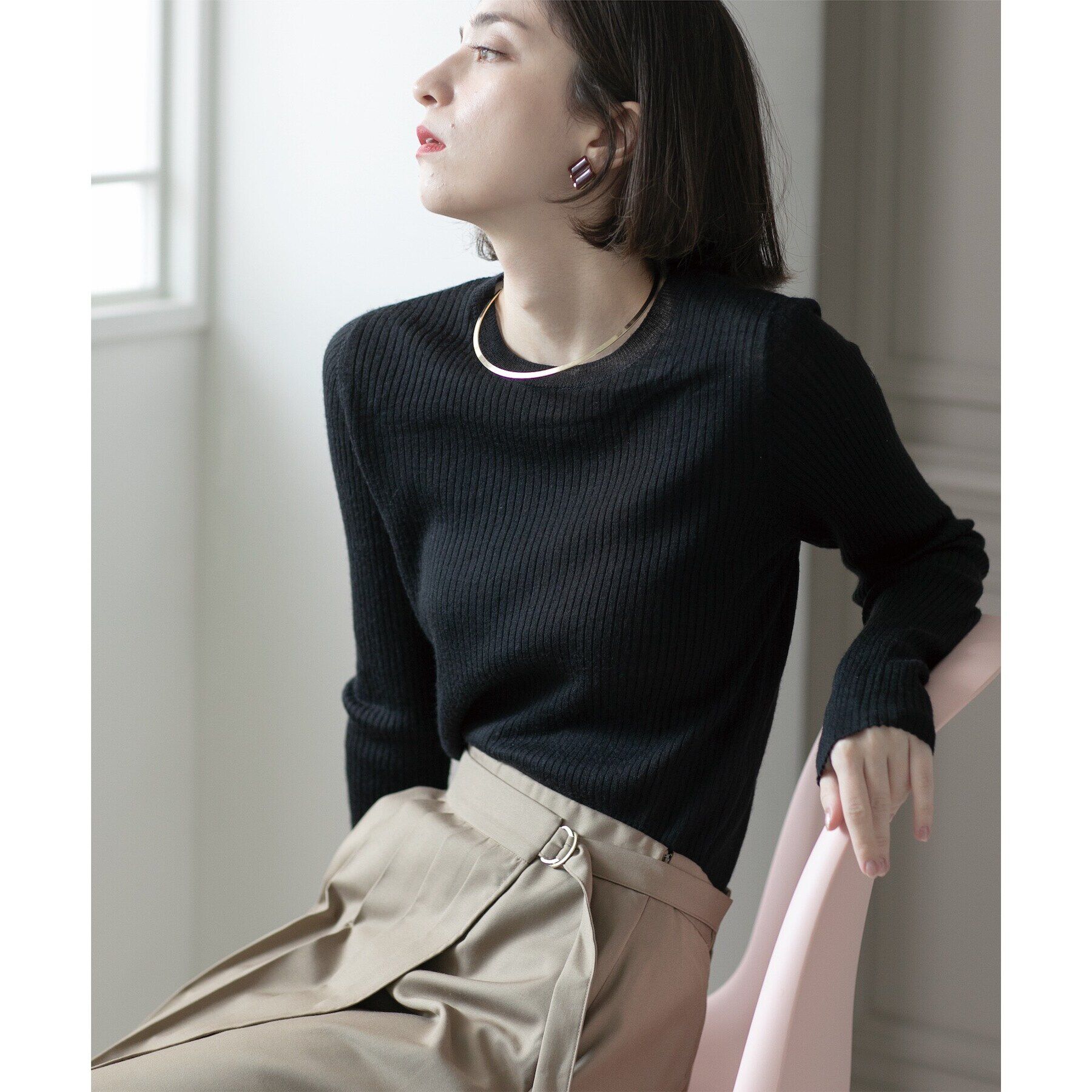 OPAQUE.CLIP「《5color》クルーネックシアーリブニット【洗濯機洗い可】」|ニット・セーター|