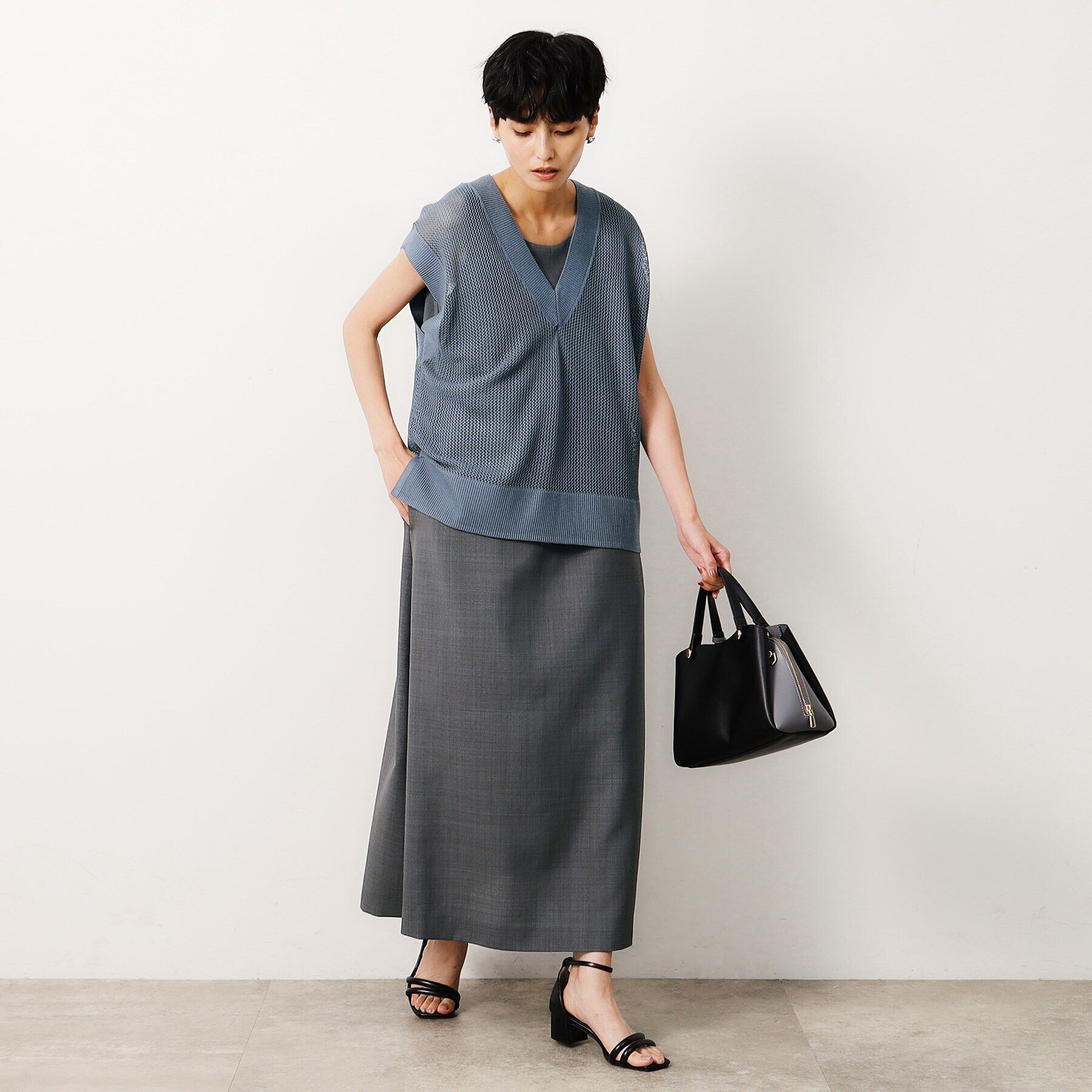 OPAQUE.CLIP「【ツインセット】メッシュニット&times;ノースリーブワンピース【洗濯機洗い可】」|ワンピース|