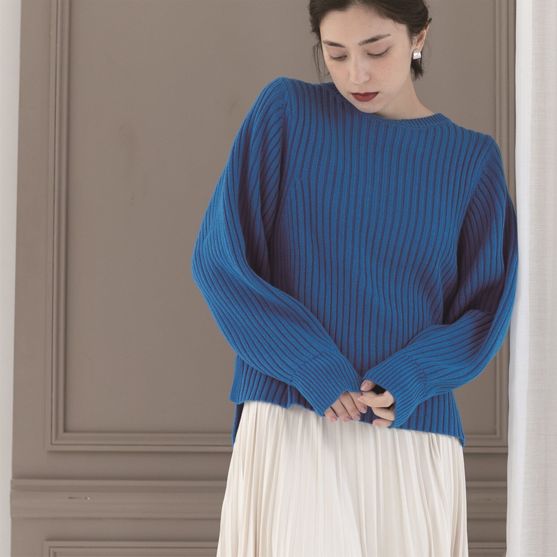 OPAQUE.CLIP「《7color》ボリュームスリーブリブニット【洗濯機洗い可】」|ニット・セーター|ブルー(093)