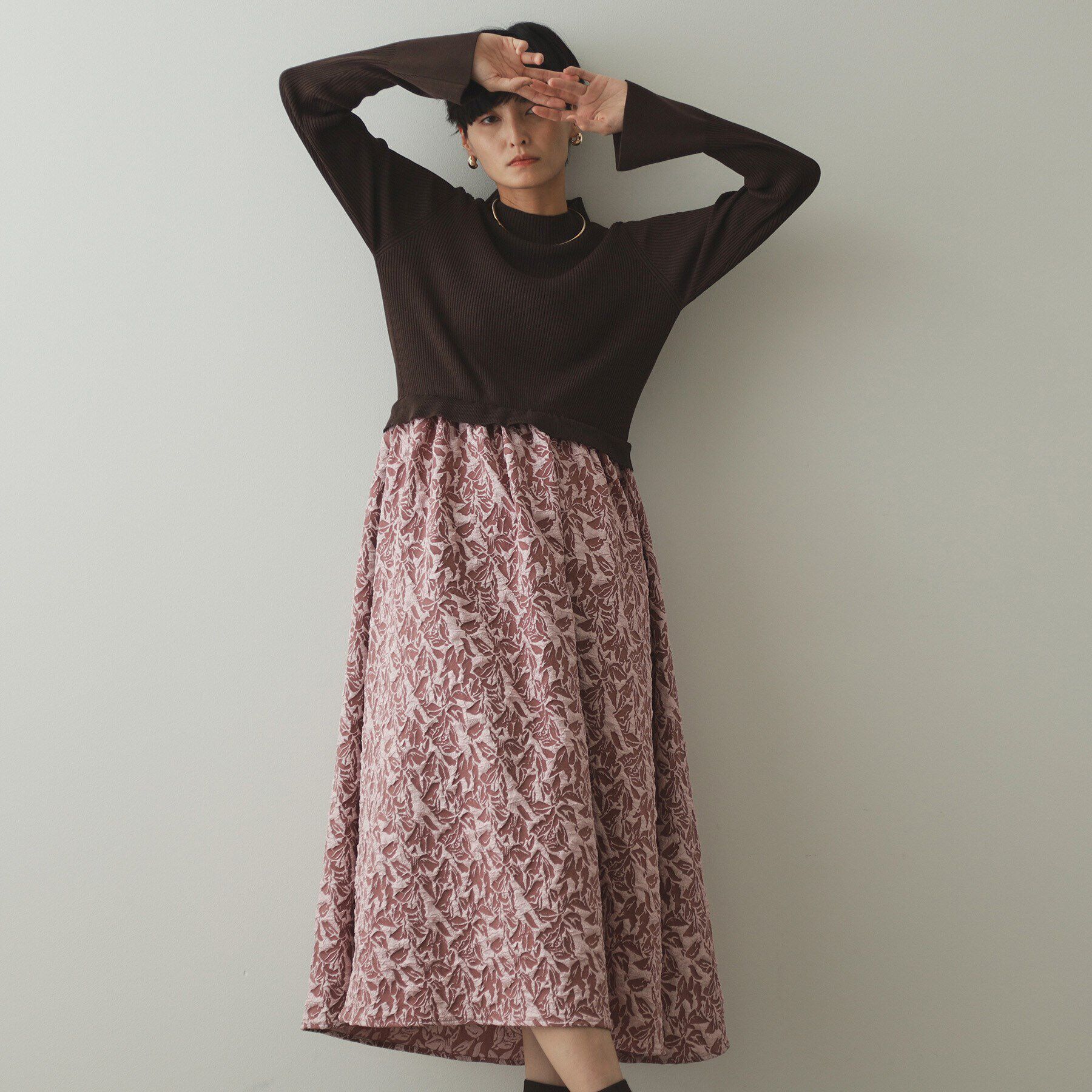 OPAQUE.CLIP「ニット&times;ジャカードドッキングワンピース【洗濯機洗い可】」|ワンピース|ピンク(871)