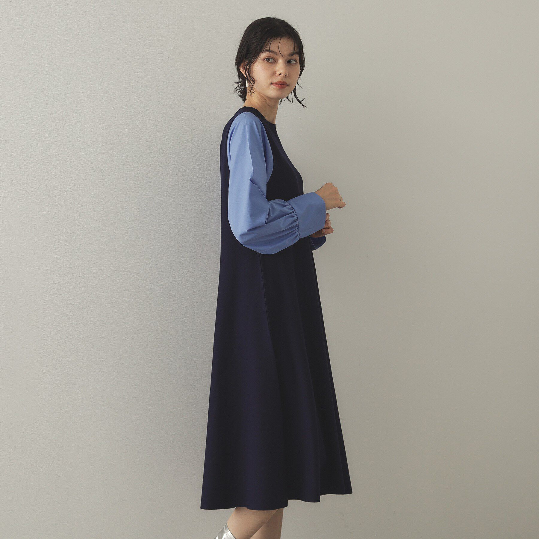 OPAQUE.CLIP「フハクスリーブ ドッキングニットフレアワンピース【洗濯機洗い可】」|ワンピース|