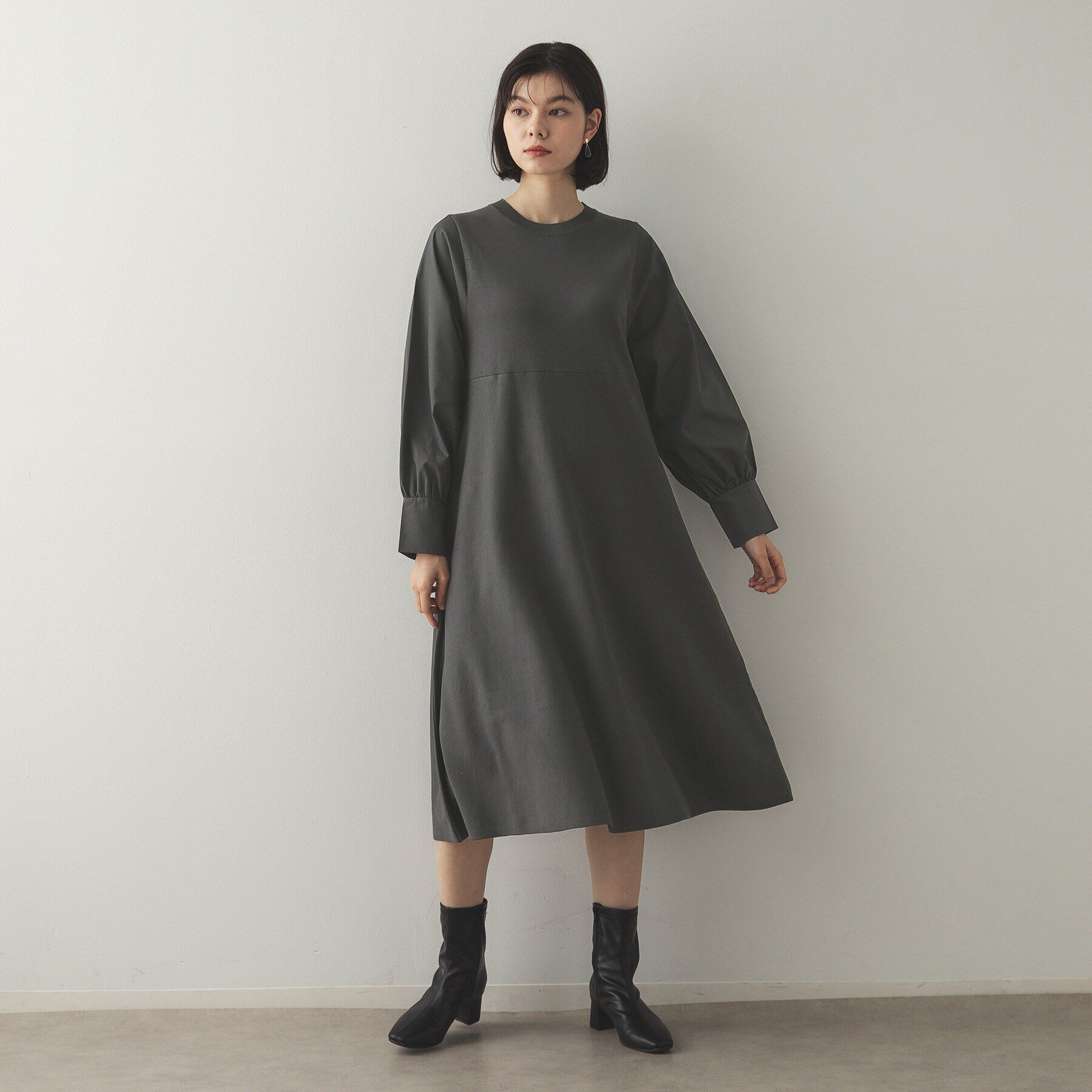 OPAQUE.CLIP「フハクスリーブ ドッキングニットフレアワンピース【洗濯機洗い可】」|ワンピース|