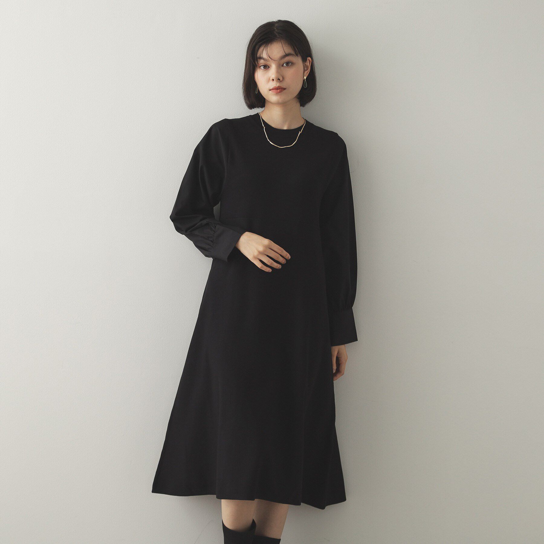 OPAQUE.CLIP「フハクスリーブ ドッキングニットフレアワンピース【洗濯機洗い可】」|ワンピース|