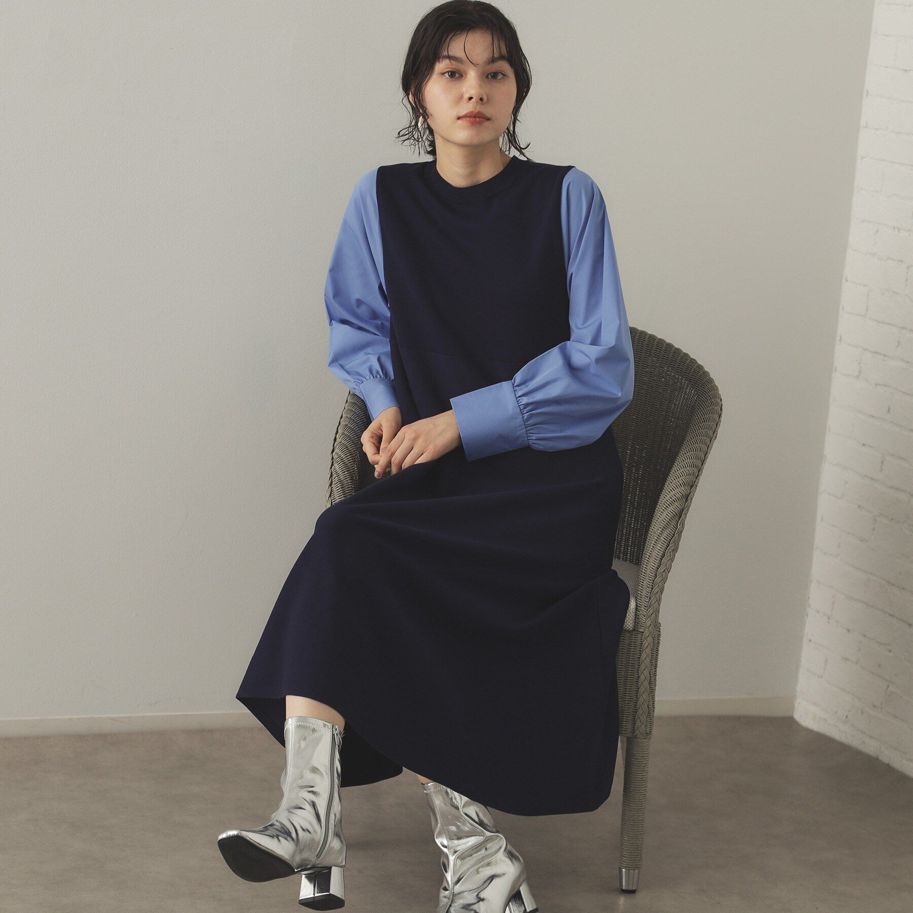 OPAQUE.CLIP「フハクスリーブ ドッキングニットフレアワンピース【洗濯機洗い可】」|ワンピース|