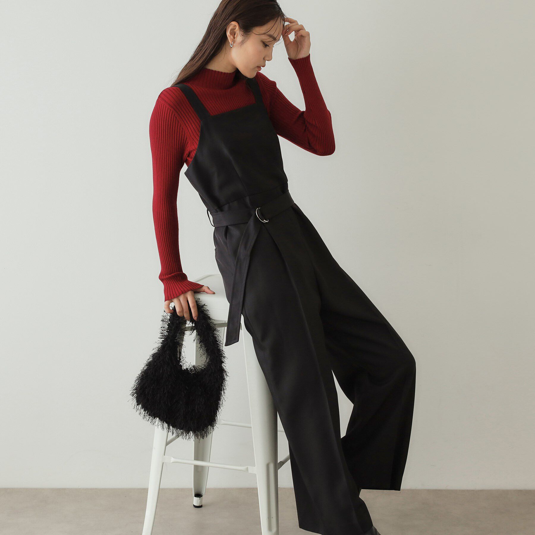 OPAQUE.CLIP「ウールライク ベルト付サロペット【洗濯機洗い可】」|オールインワン|