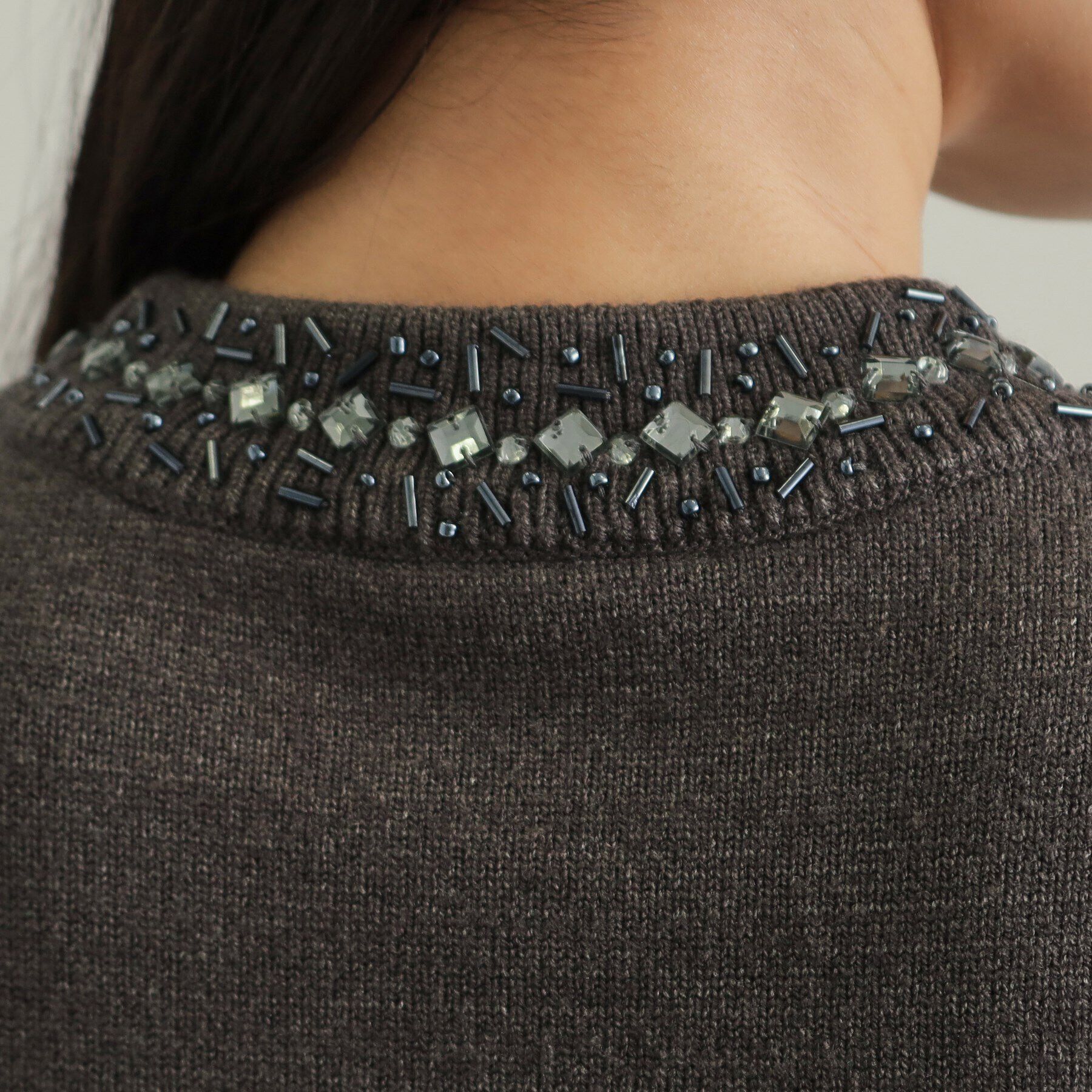 OPAQUE.CLIP「《美人百花掲載》ビジューネックパフスリーブニット【洗える】」|ニット・セーター|