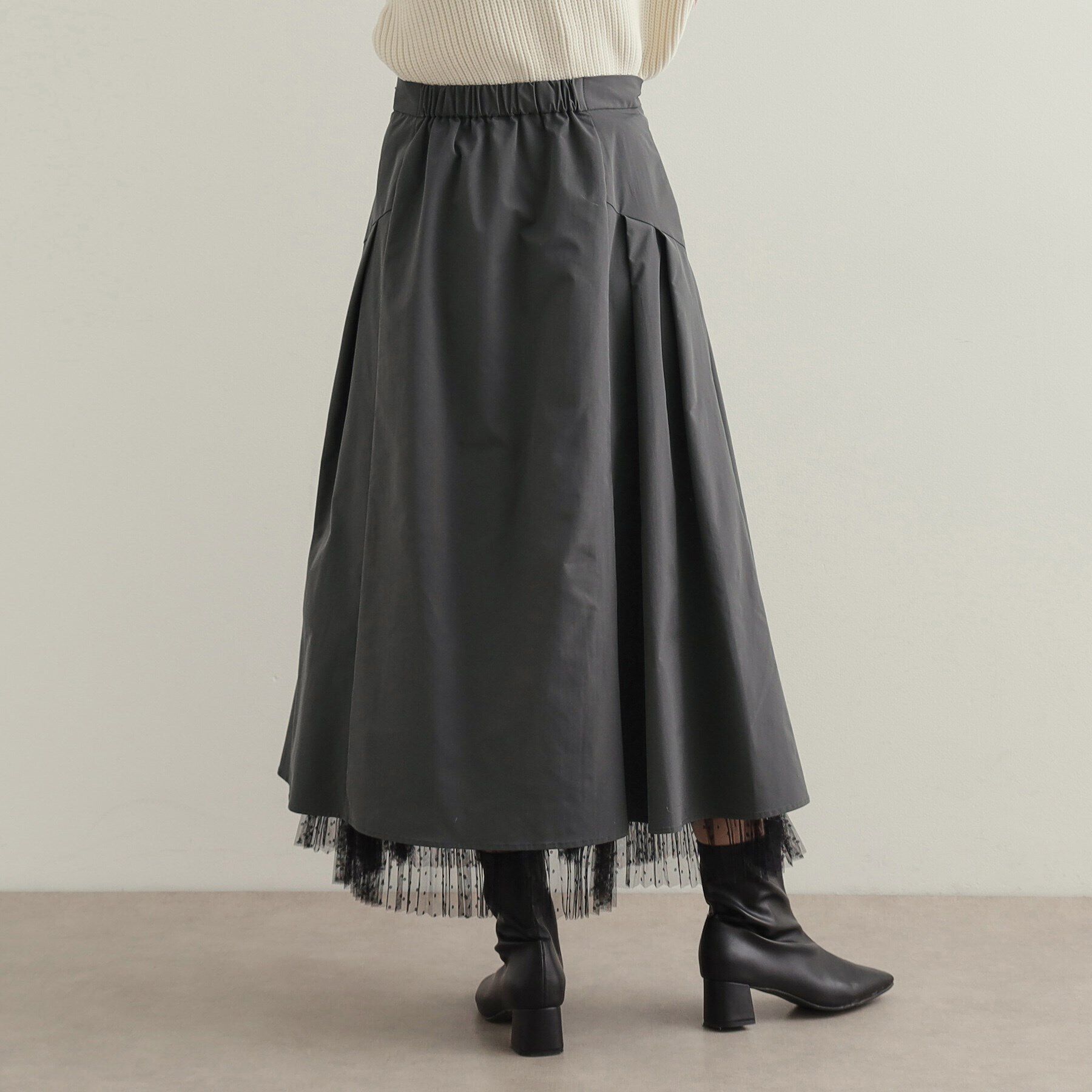 OPAQUE.CLIP「裾チュールプリーツドッキング タックフレアスカート【洗濯機洗い可】」|スカート|