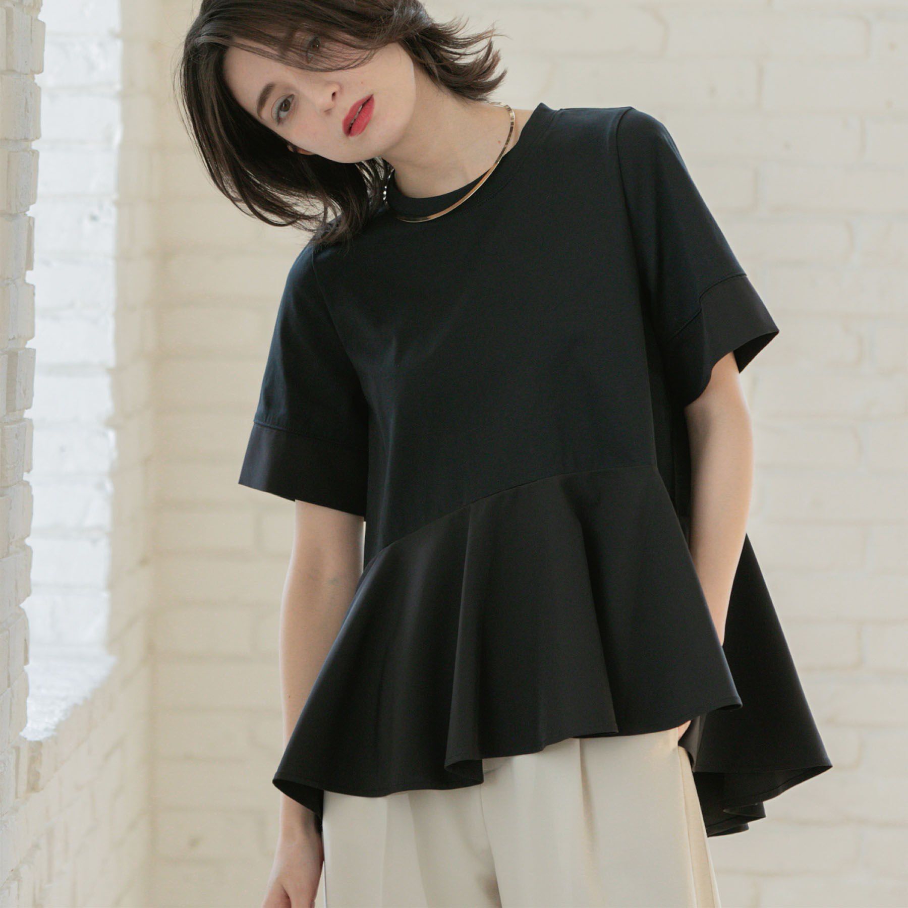 OPAQUE.CLIP「ペプラム切替ドッキングトップス【洗濯機洗い可】」|Tシャツ・カットソー|ブラック(019)