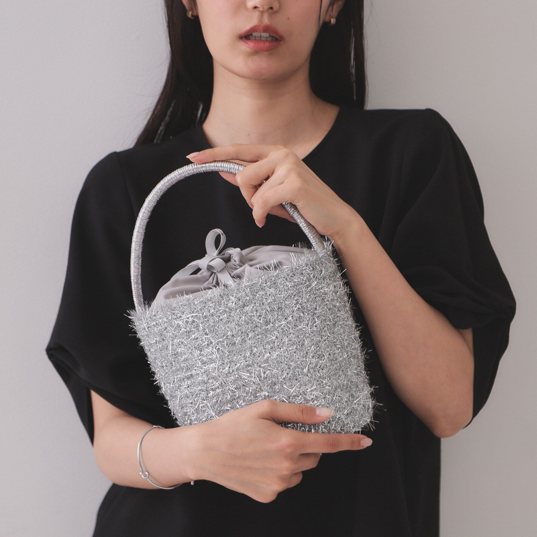 OPAQUE.CLIP「ラメバスケット調バケットバッグ」|ハンドバッグ|シルバー(006)