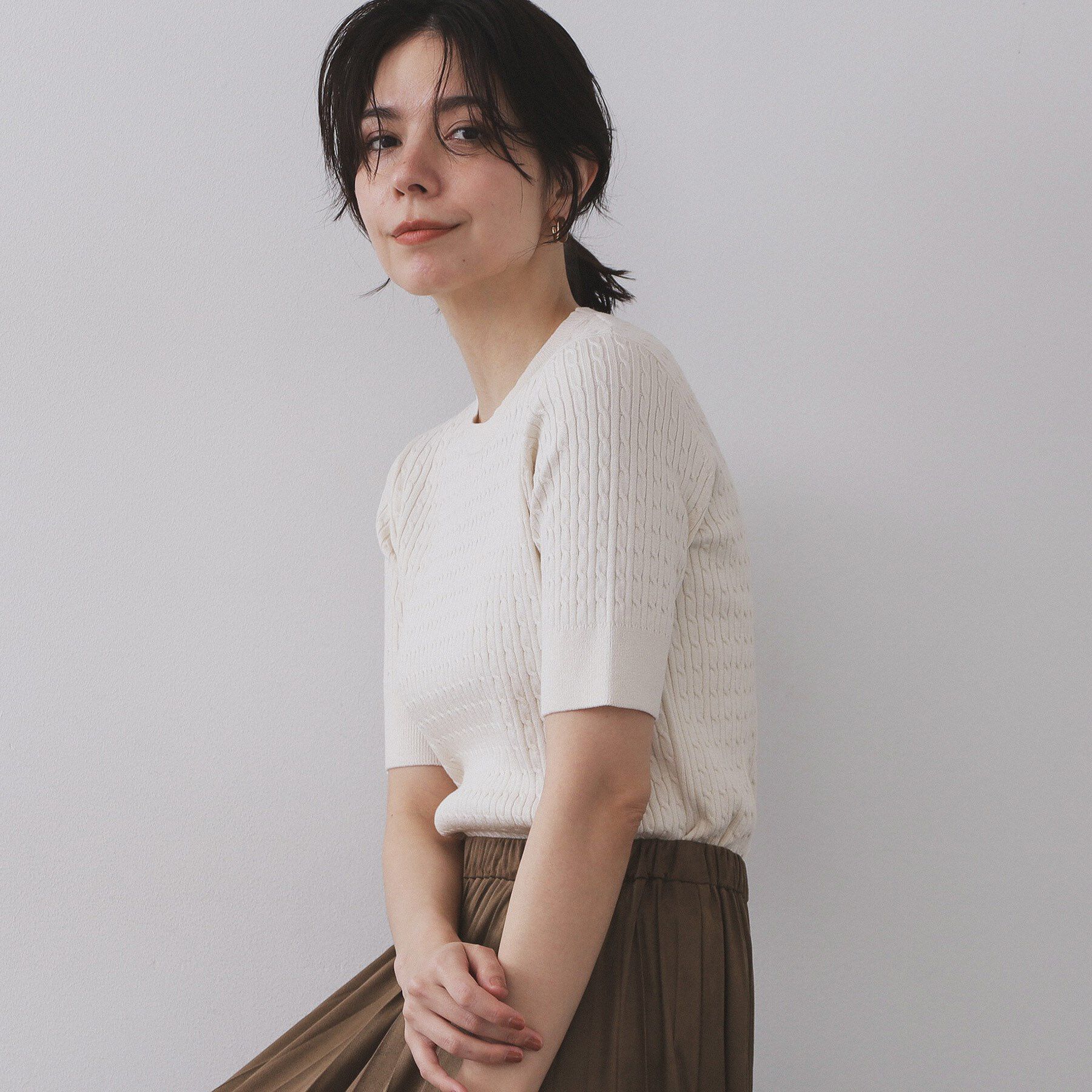 OPAQUE.CLIP「ケーブルハーフスリーブニット【UVケア/洗濯機OK】《6col/S～LL》」|ニット・セーター|