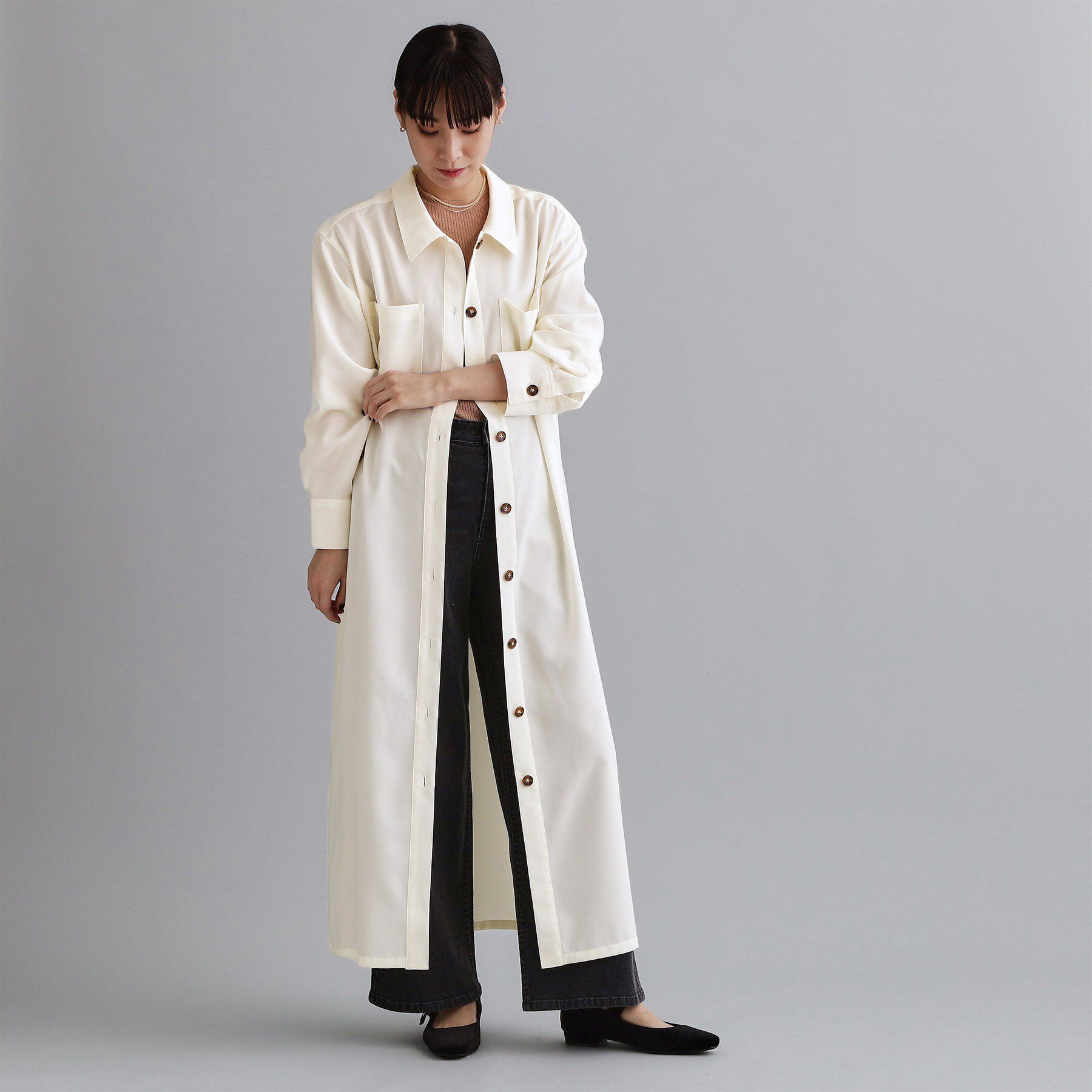 OPAQUE.CLIP「【es】ダブルポケットロングシャツワンピース【洗濯機OK】」|ワンピース|