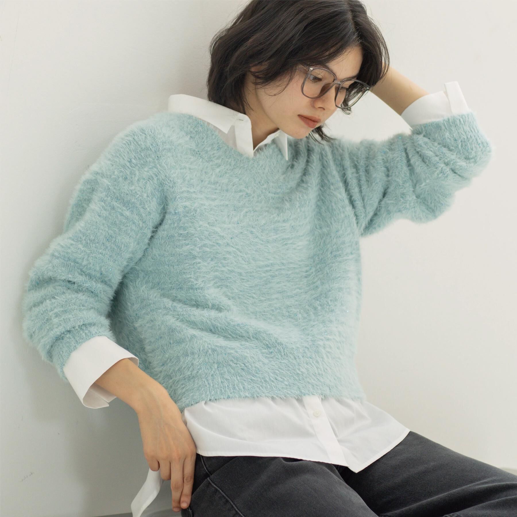 OPAQUE.CLIP「スパンコールフェザーVネックニット【洗濯機OK】」|ニット・セーター|