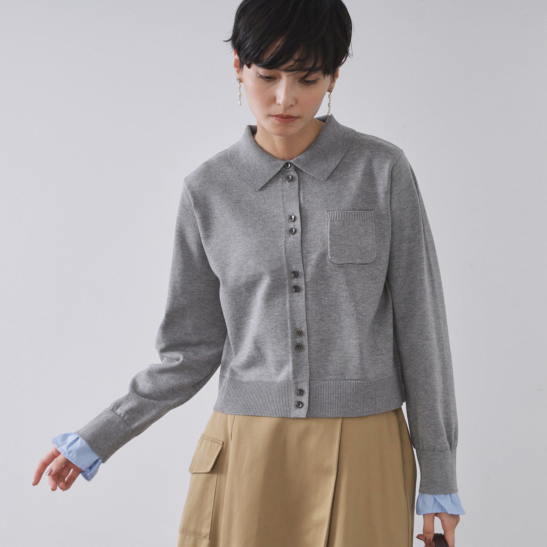 OPAQUE.CLIP「袖口ドッキング ポロ衿デザインニット【洗濯機OK】」|ニット・セーター|グレー(012)