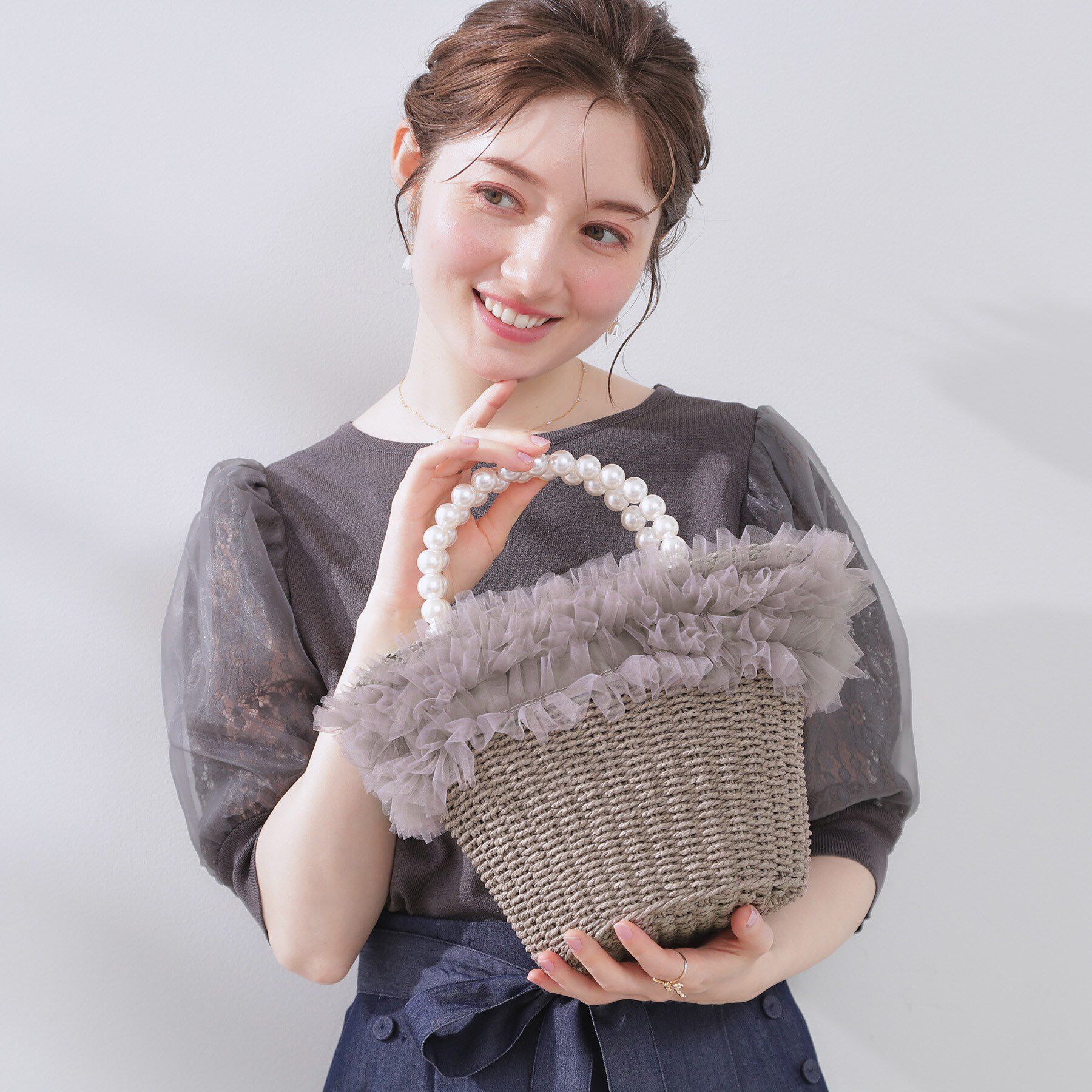 Couture broach「フリルデザインパール調ハンドルカゴバッグ」|ハンドバッグ|