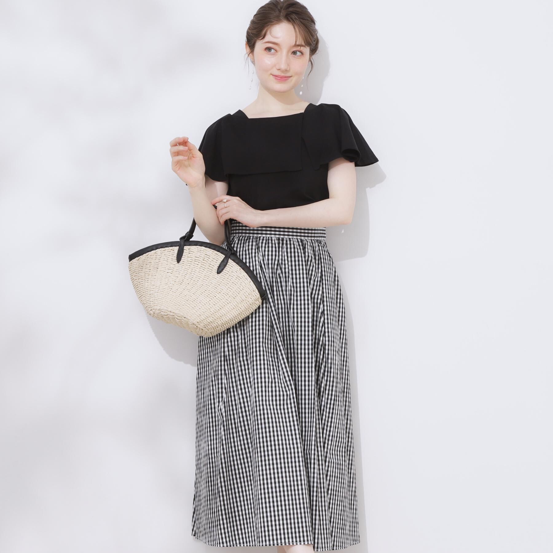 Couture broach「【大人可愛い・ゴム仕様】ギンガムチェック　タック＆ギャザースカート」|スカート|ブラック(219)