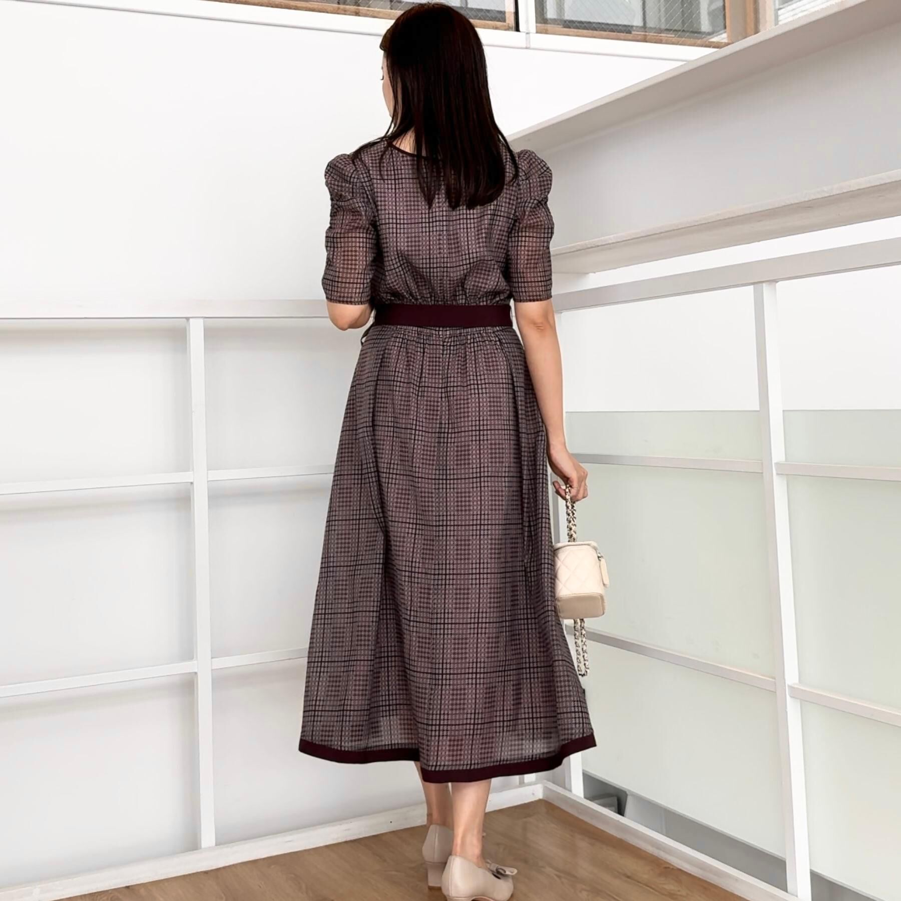 Couture broach「【美シルエット・5分袖】シアーチェックオーガンワンピース」|ワンピース|