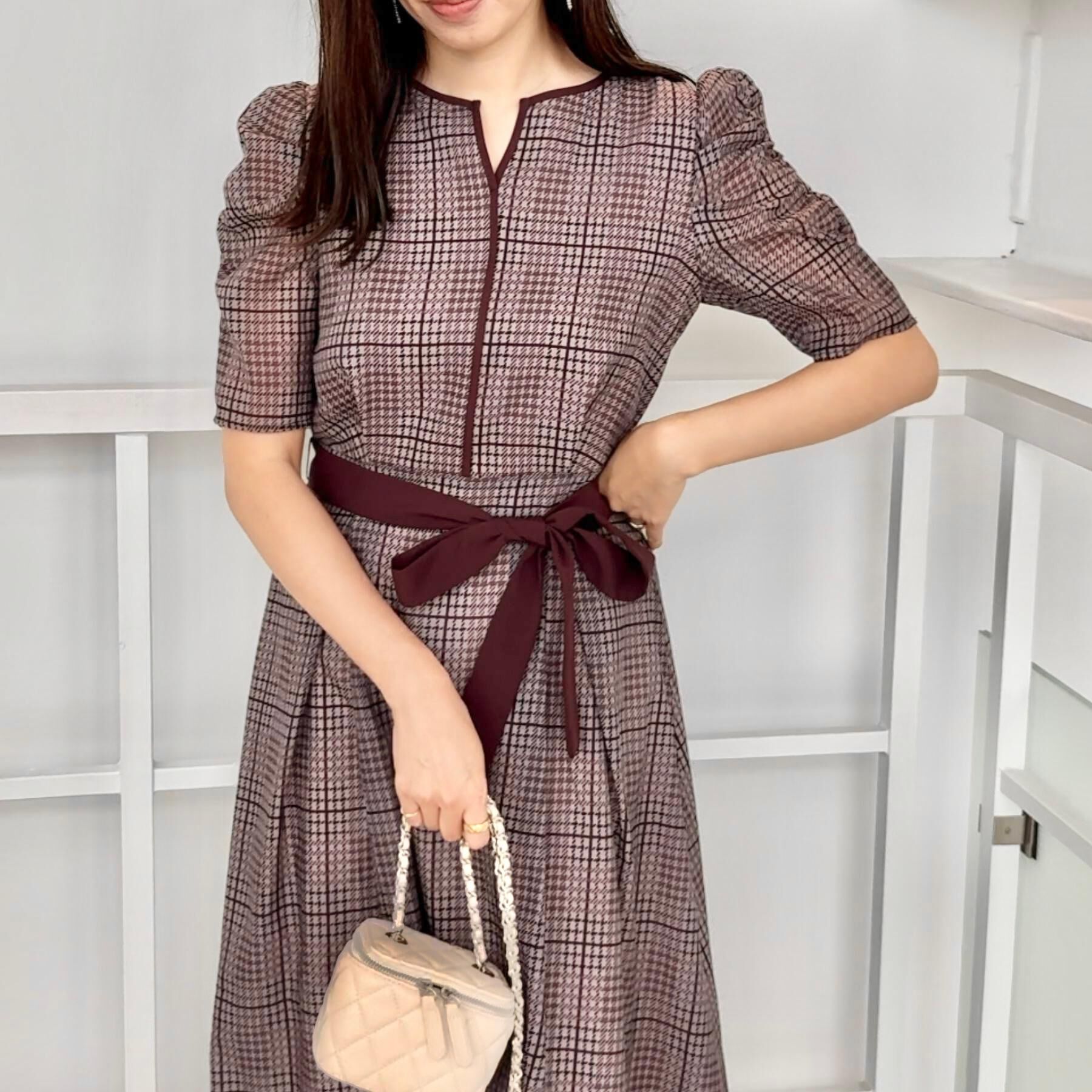 Couture broach「【美シルエット・5分袖】シアーチェックオーガンワンピース」|ワンピース|