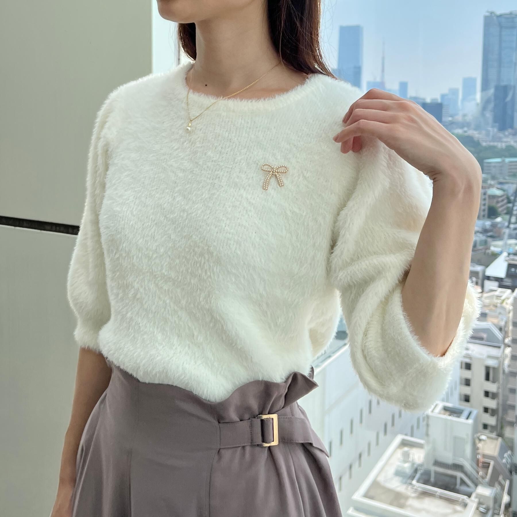 Couture broach「【着映え・5分袖・フェミニン】ラメフェザー半袖ニット」|ニット・セーター|