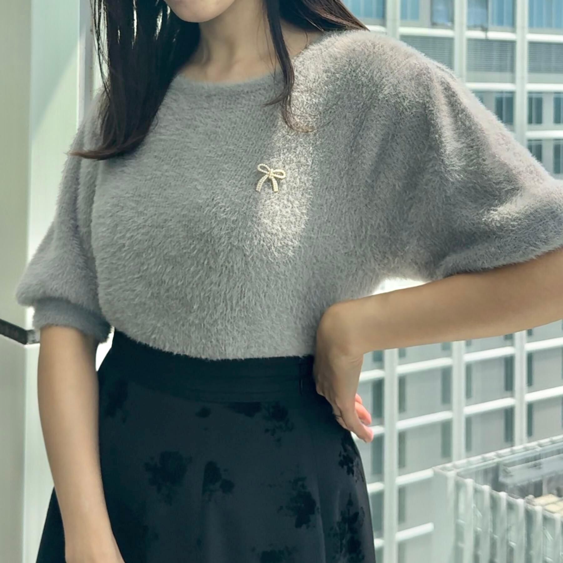 Couture broach「【着映え・5分袖・フェミニン】ラメフェザー半袖ニット」|ニット・セーター|