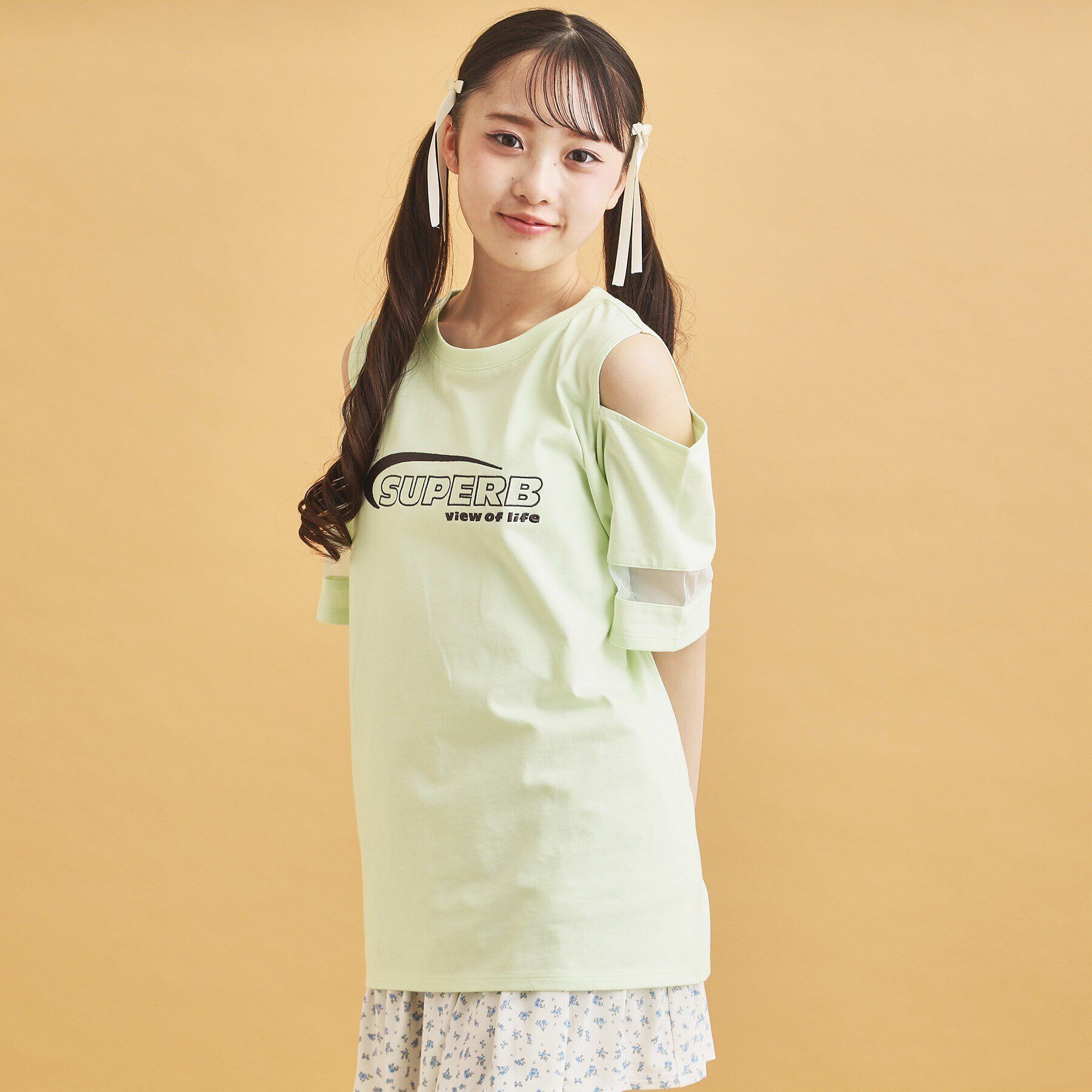 PINK-latte「チュール切替肩あきTシャツ」|Tシャツ・カットソー|ミントグリーン(02