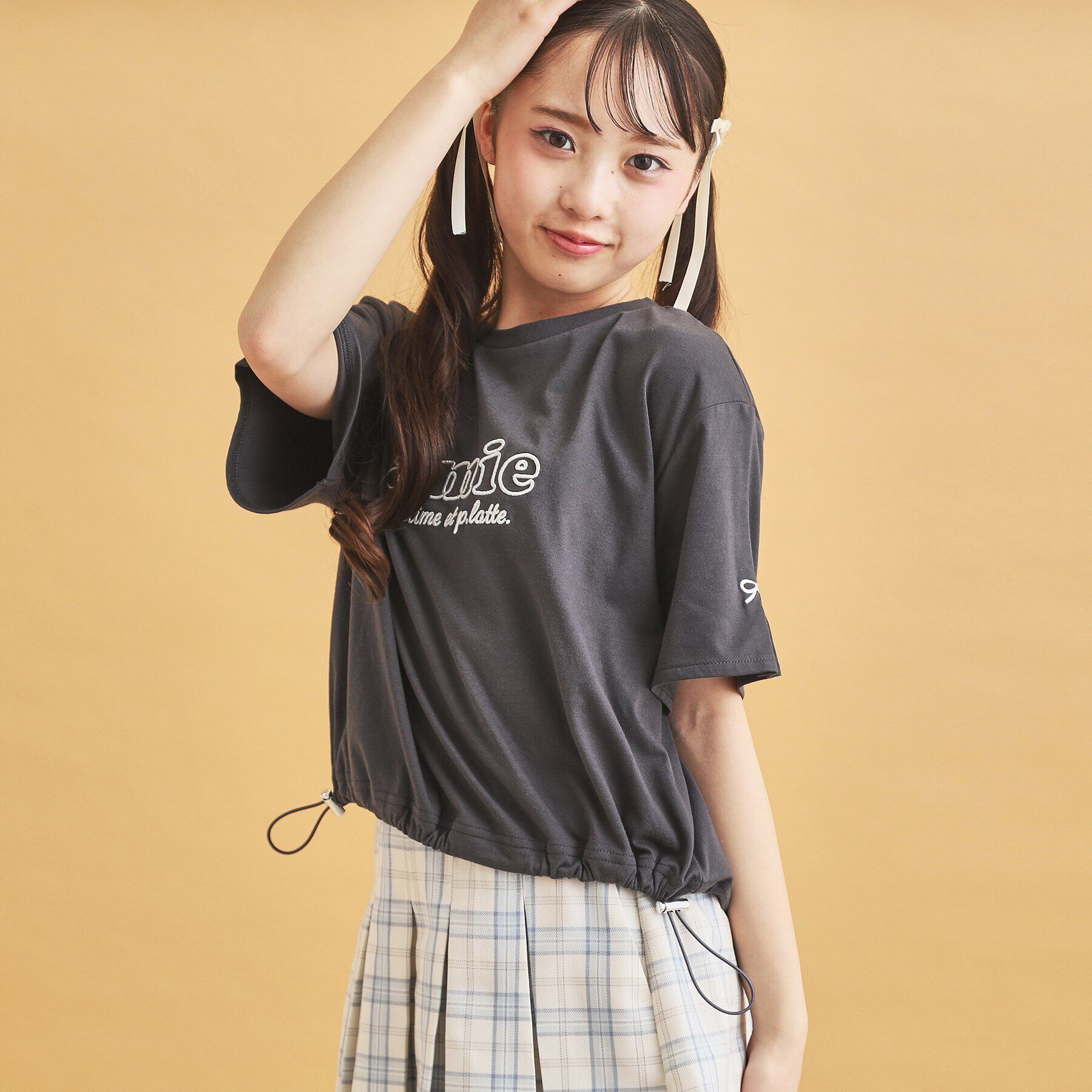 PINK-latte「ドロストリボンタックトップス」|Tシャツ・カットソー|チャコールグレー(0