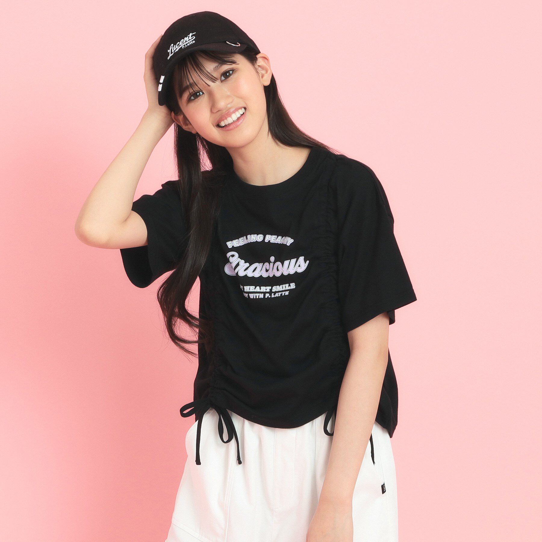 PINK-latte「フロントドロストリボンTシャツ」|Tシャツ・カットソー|ブラック(019)