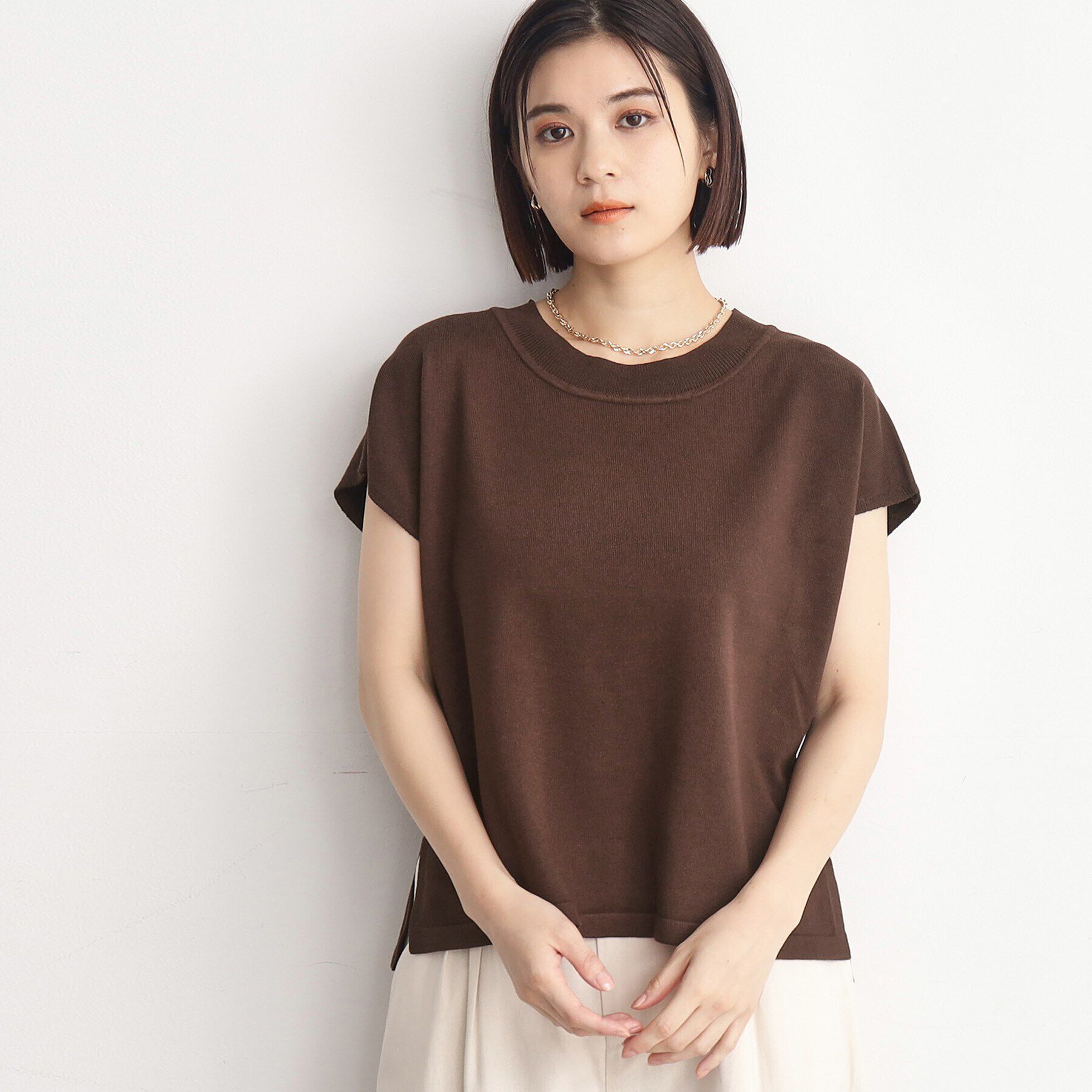 THE SHOP TK「【UVケア/さらりと柔らかい/洗える】フレンチスリーブニットTEE」|ニット・セーター|ブラウン(044)