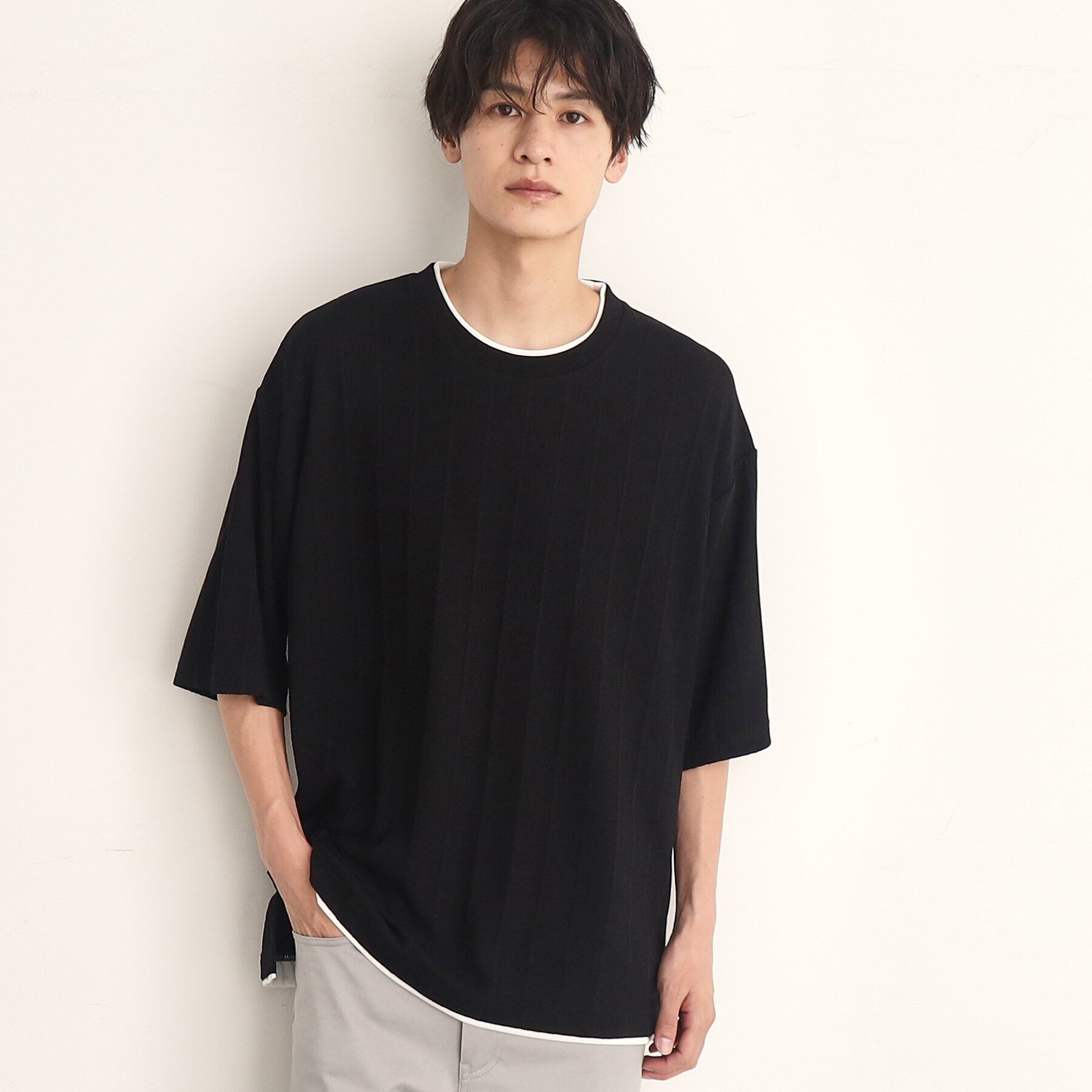 THE SHOP TK「【ビッグシルエット】ストライプジャカードフェイクレイヤードTシャツ」|Tシャツ・カットソー|