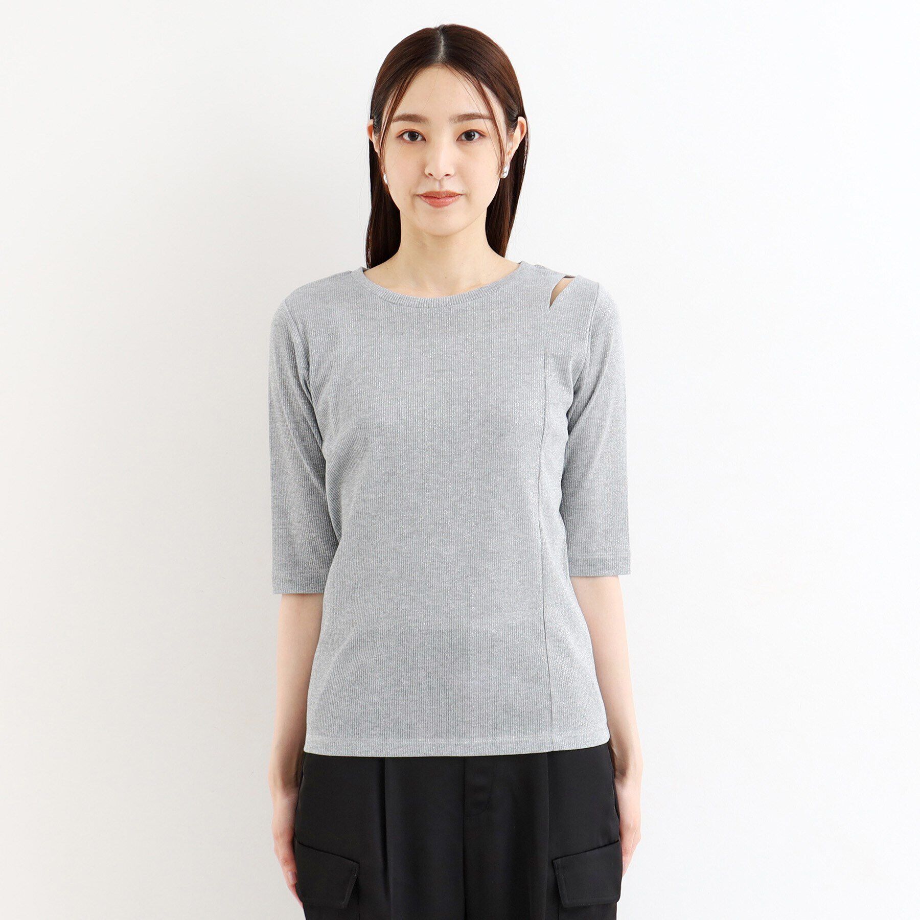 THE SHOP TK「【腕周りカバー】５分袖スリットラメ/洗える」|Tシャツ・カットソー|