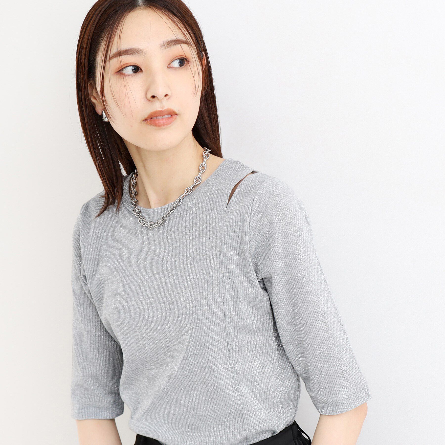 THE SHOP TK「【腕周りカバー】５分袖スリットラメ/洗える」|Tシャツ・カットソー|