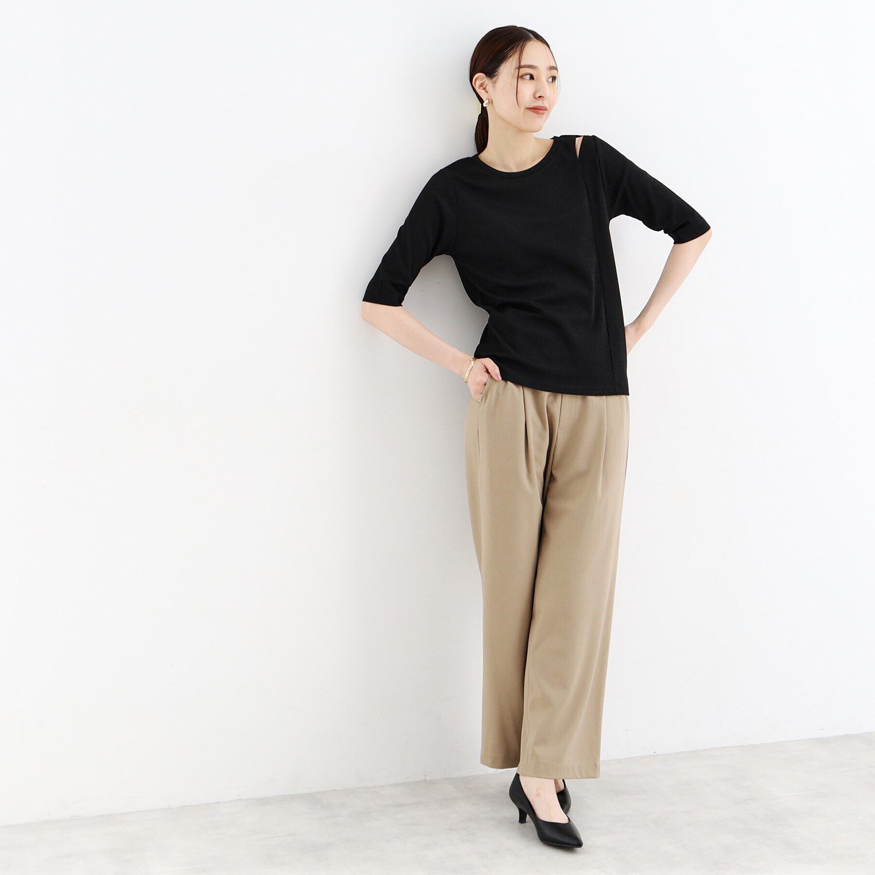 THE SHOP TK「【腕周りカバー】５分袖スリットラメ/洗える」|Tシャツ・カットソー|