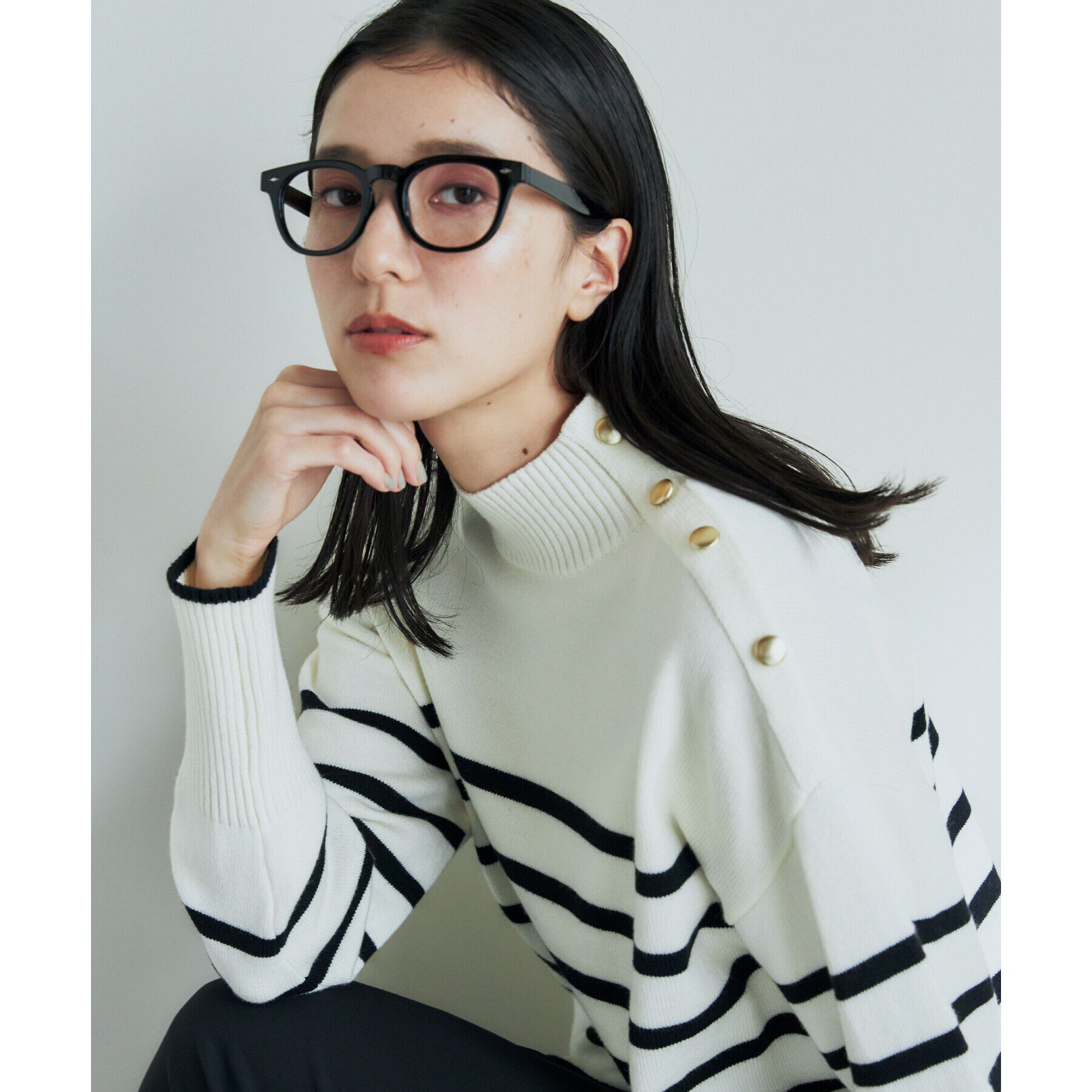 THE SHOP TK「【毛玉になりにくい／静電気防止】配色肩ボタンハイネックニット／洗える」|ニット・セーター|