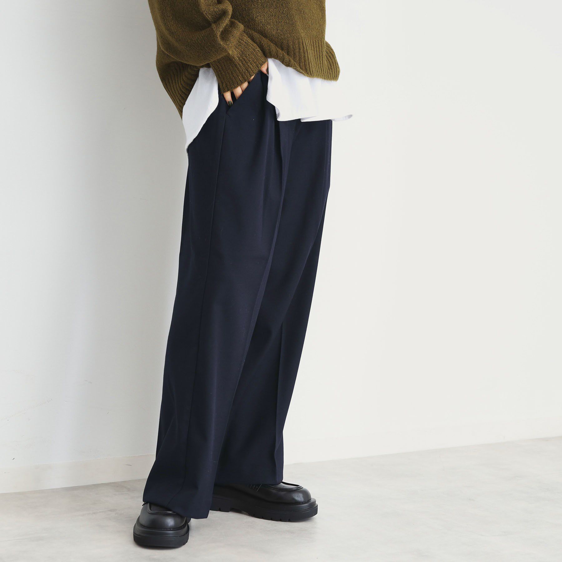 THE SHOP TK「【洗えるパンツ】裏起毛タックワイド」|その他|ネイビー(094)