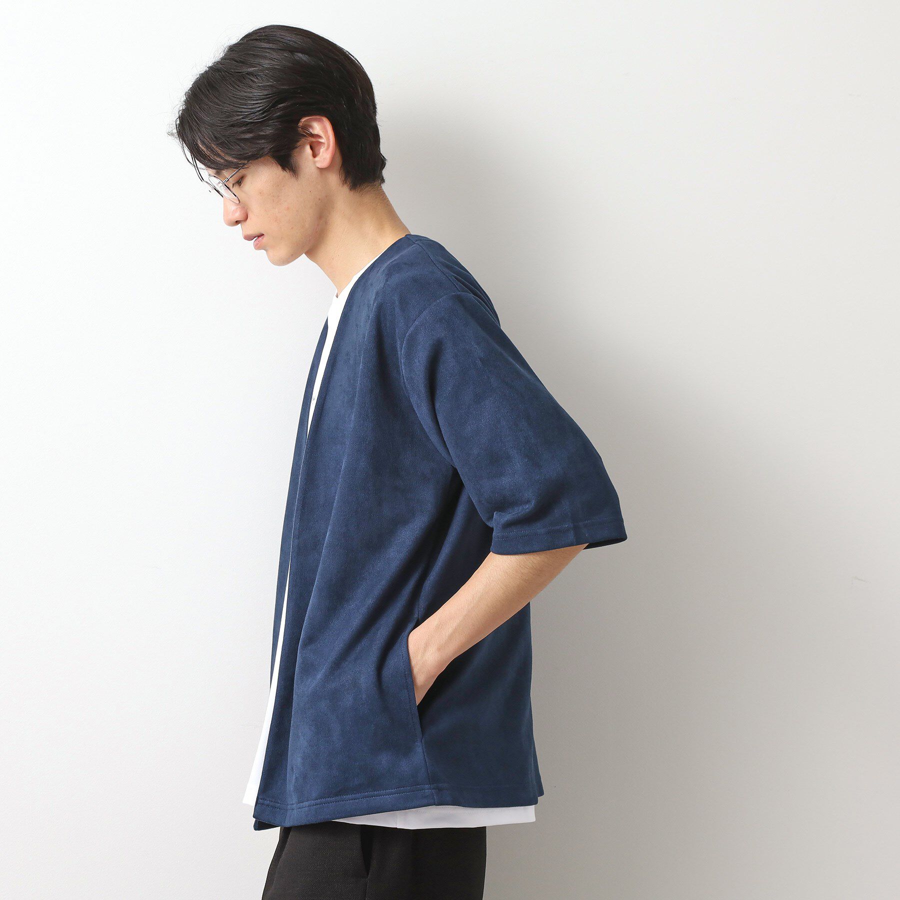 THE SHOP TK「フェイクスウェードアンサンブルカーディガン【五分袖カーディガン＋半袖Tシャツセットアイテム】」|カーディガン|