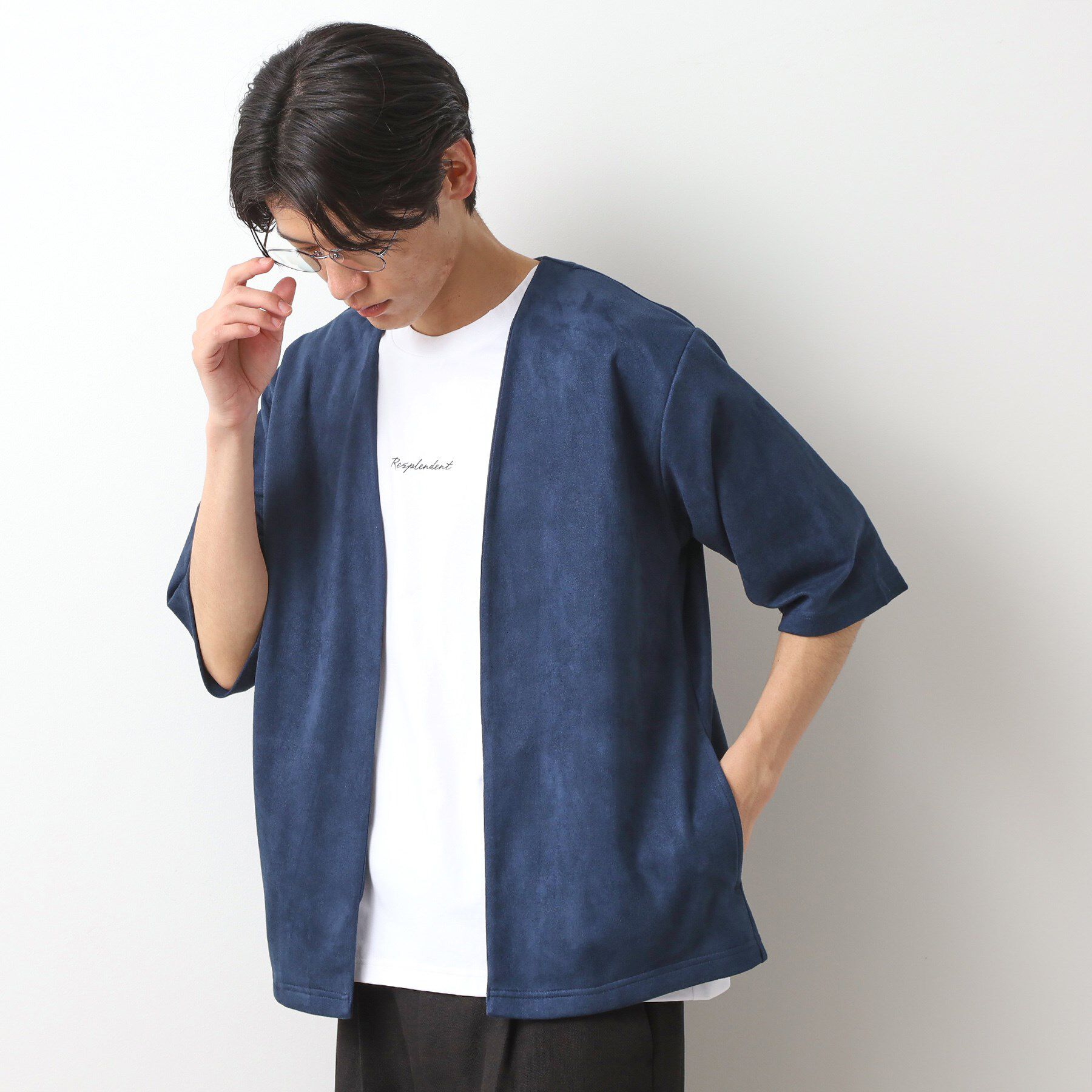 THE SHOP TK「フェイクスウェードアンサンブルカーディガン【五分袖カーディガン＋半袖Tシャツセットアイテム】」|カーディガン|ネイビー(094)