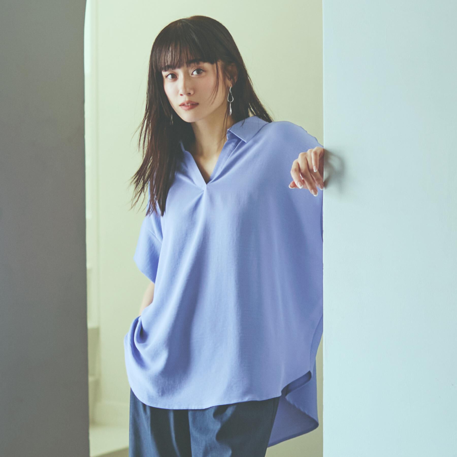 THE SHOP TK「スキッパーシャツ【防シワ/接触冷感/洗濯機OK/セットアップ可】」|シャツ・ブラウス|ブルー(092)