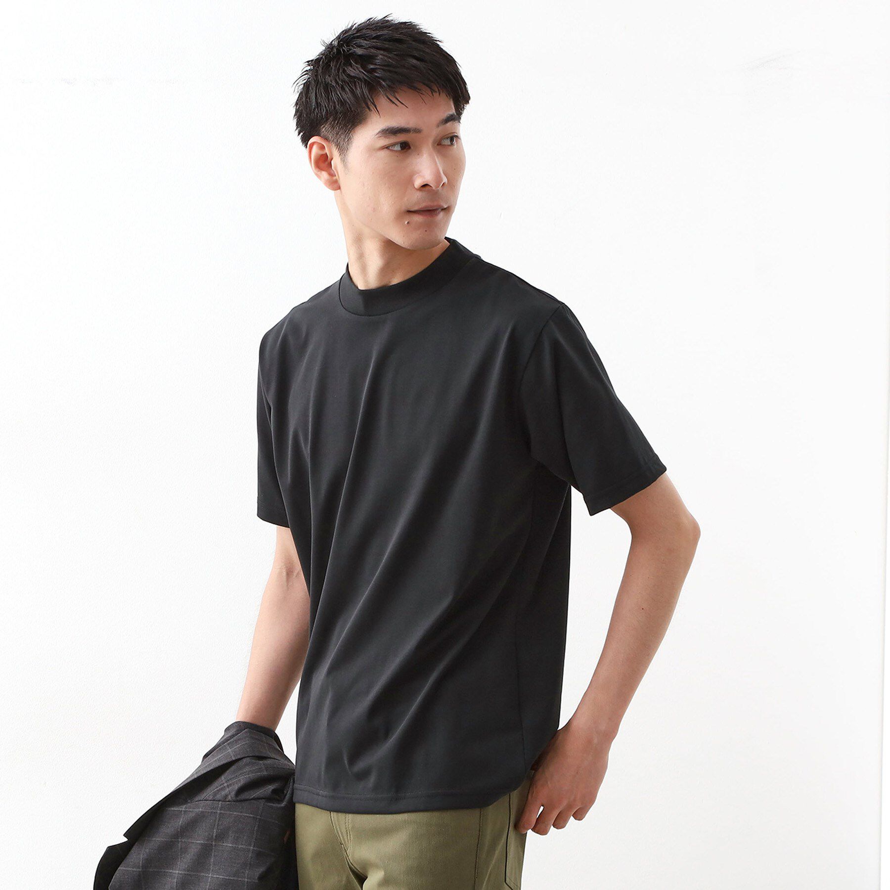THE SHOP TK「モックネックプレーティング半袖Tシャツ 【接触冷感/洗濯機OK】」|Tシャツ・カットソー|ブラック(019)