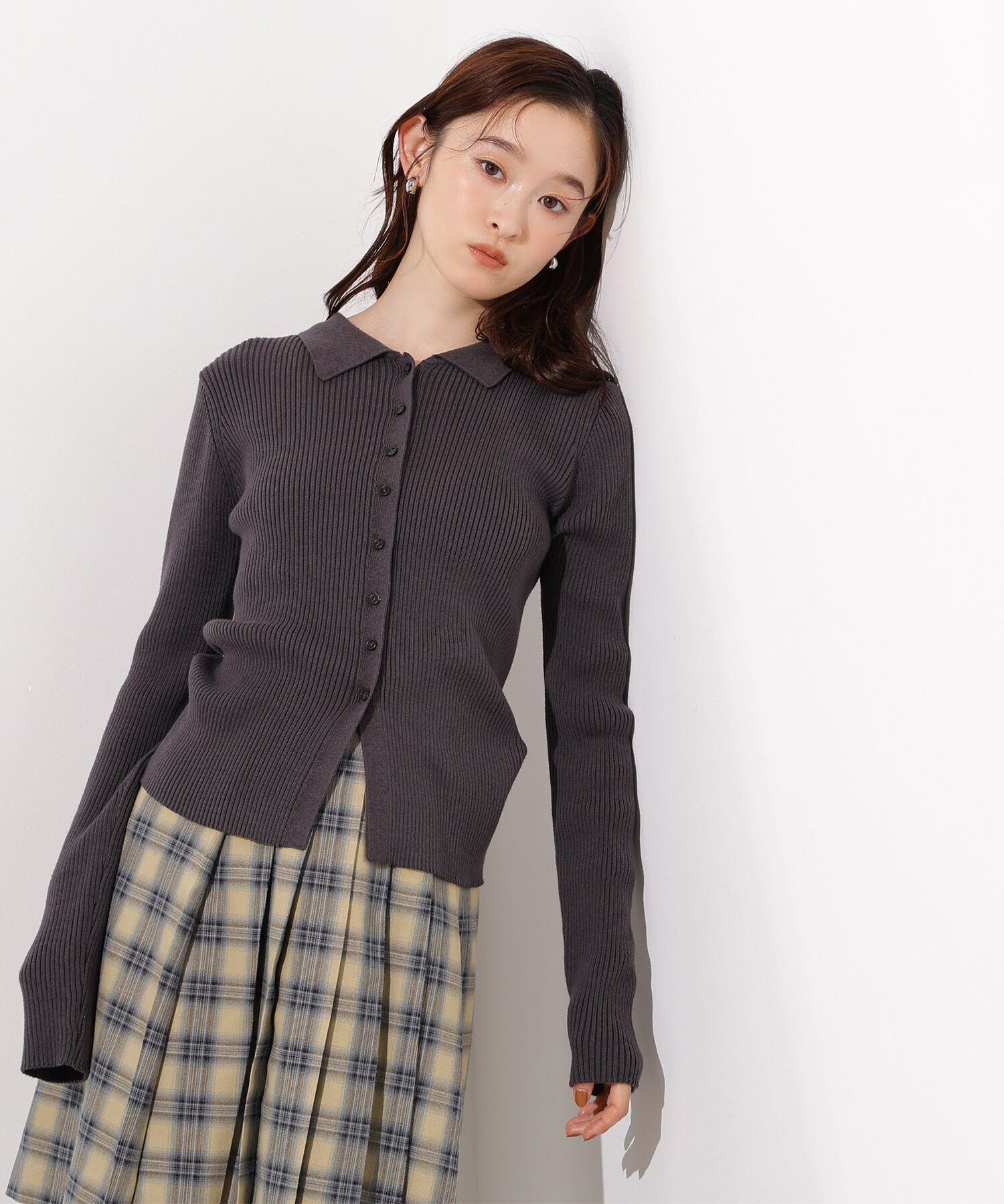  「ポロカラーリブニット」|ニット・セーター|グレー