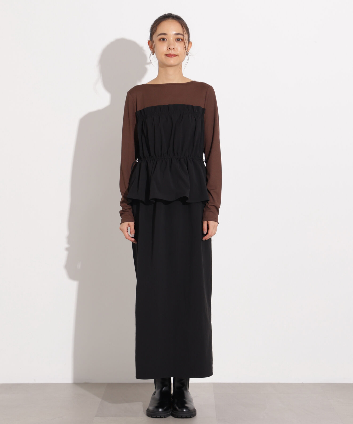  「ドロストコードドッキングワンピース長袖」|ワンピース|